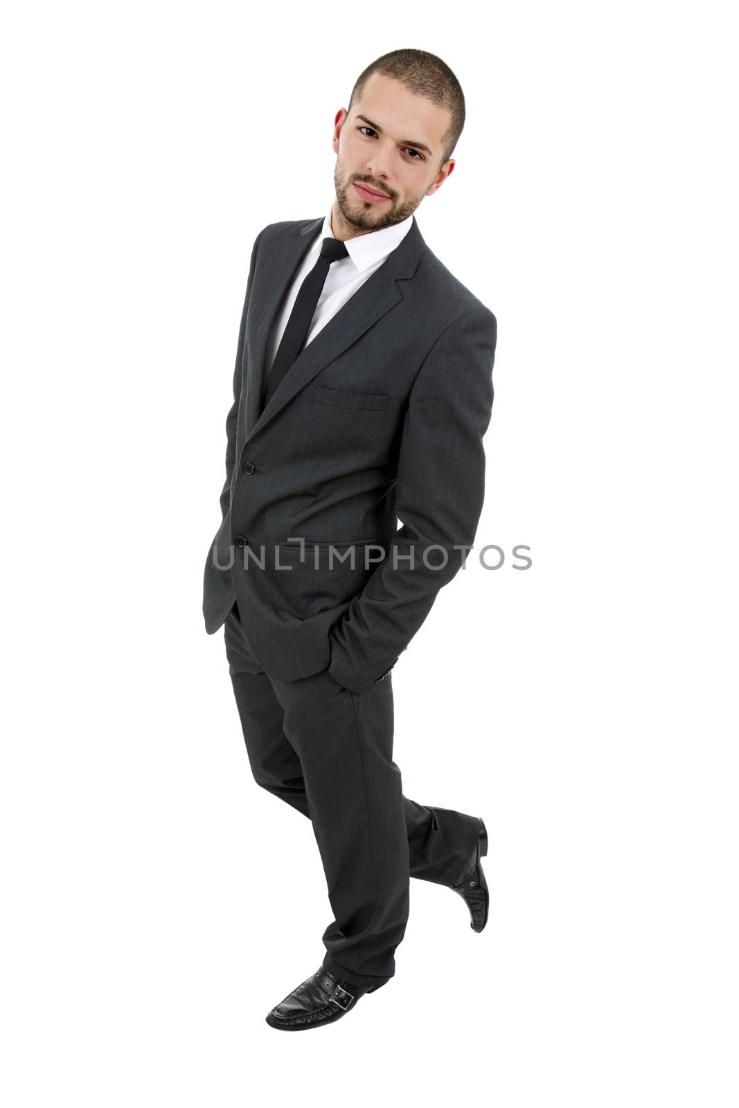 happy young businessman full length, isolated on white