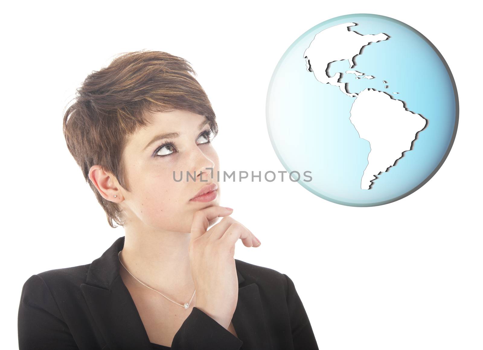 Young woman looking at earth globe isolated on white background. Elements of this image are furnished by NASA 