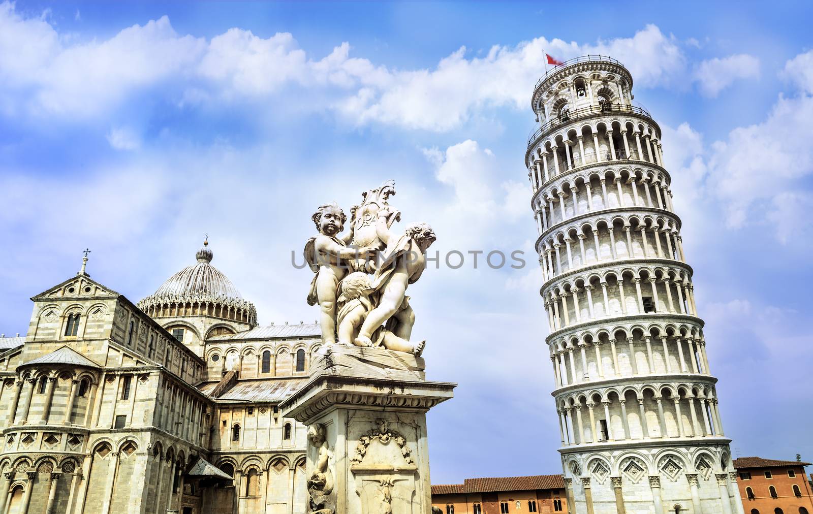 Pisa, place of miracles: the leaning tower and the cathedral baptistery, tuscany, Italy 