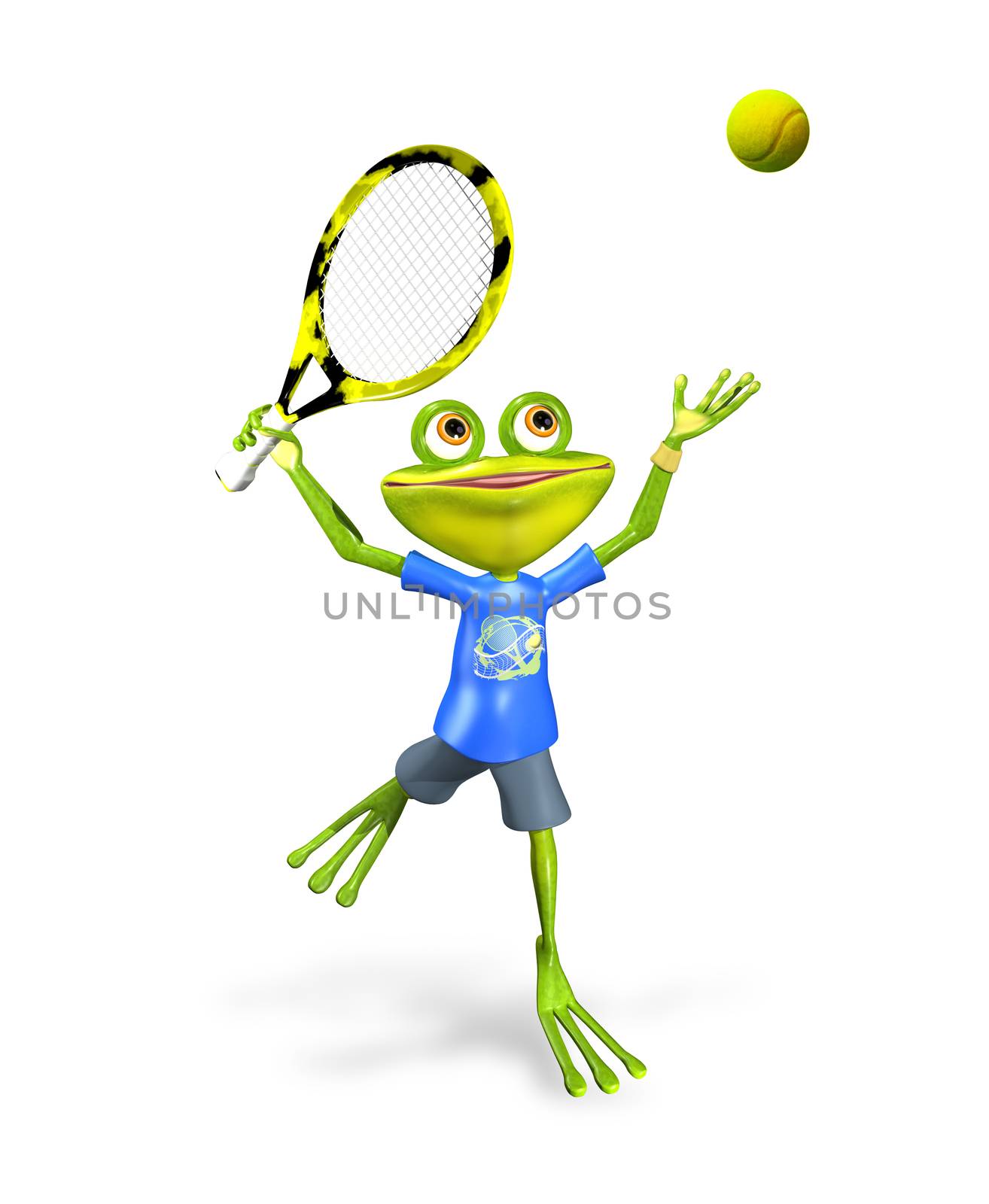 illustration a merry green frog tennis player