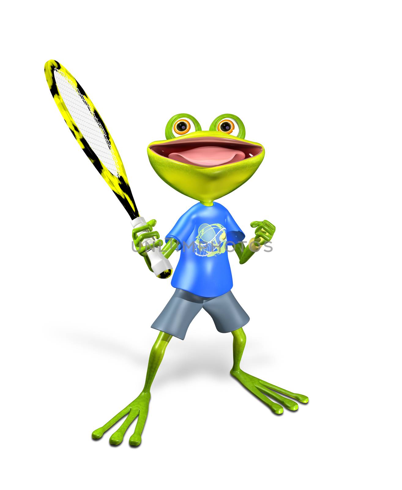 illustration a merry green frog tennis player