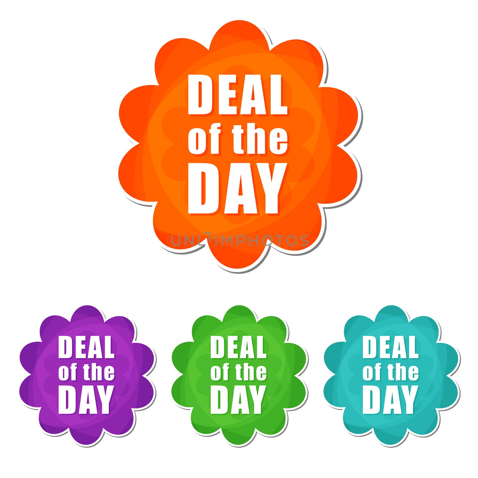 deal of the day banners - text in four colors flowers labels, business shopping concept, flat design