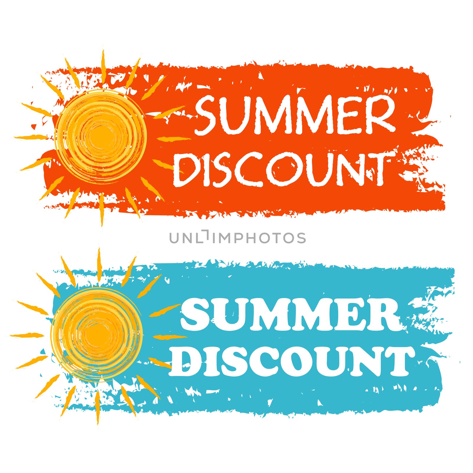 summer discount banners - text in orange and blue drawn labels with yellow sun symbol, business seasonal shopping concept