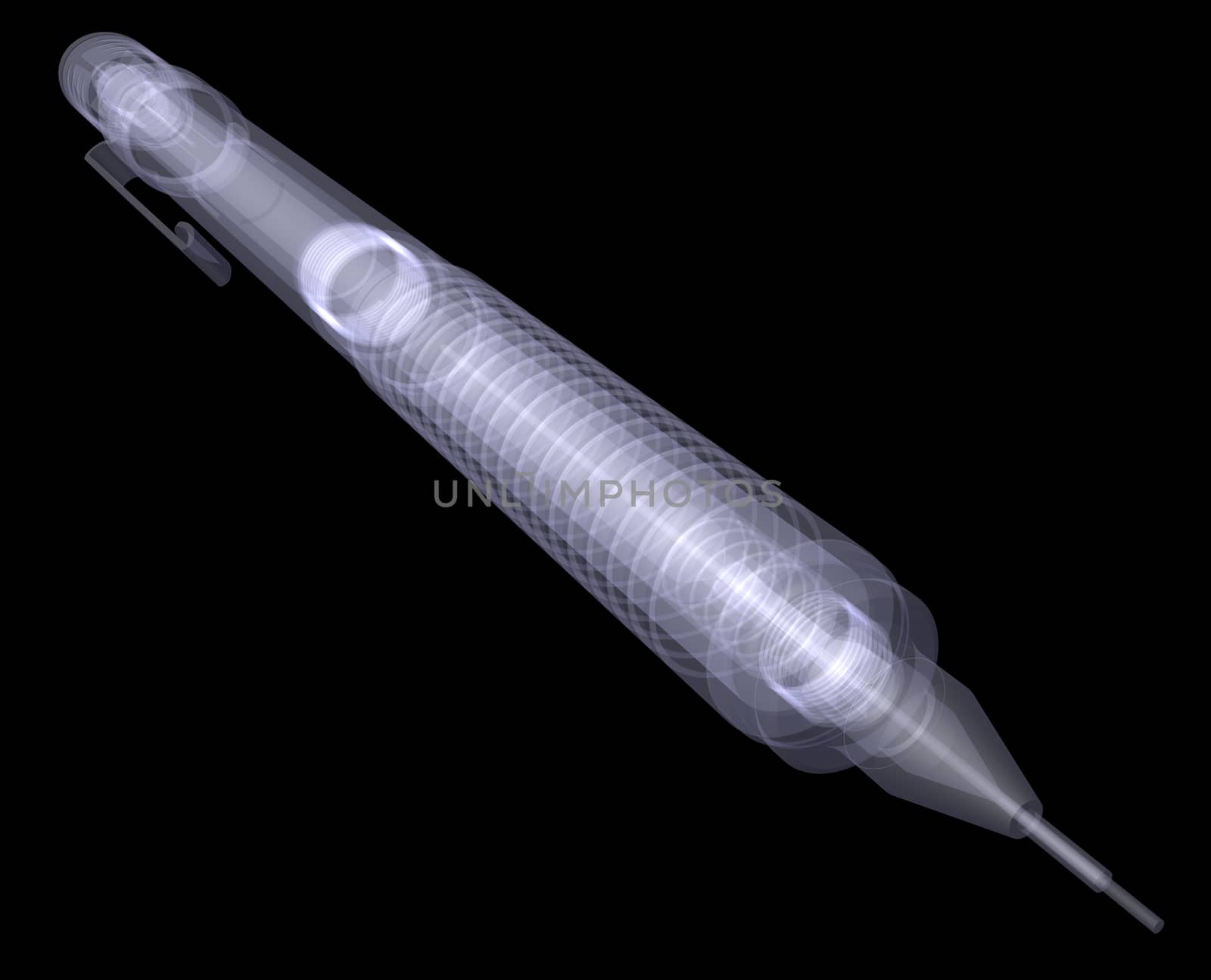 Automatic pencil. X-ray render isolated on black background