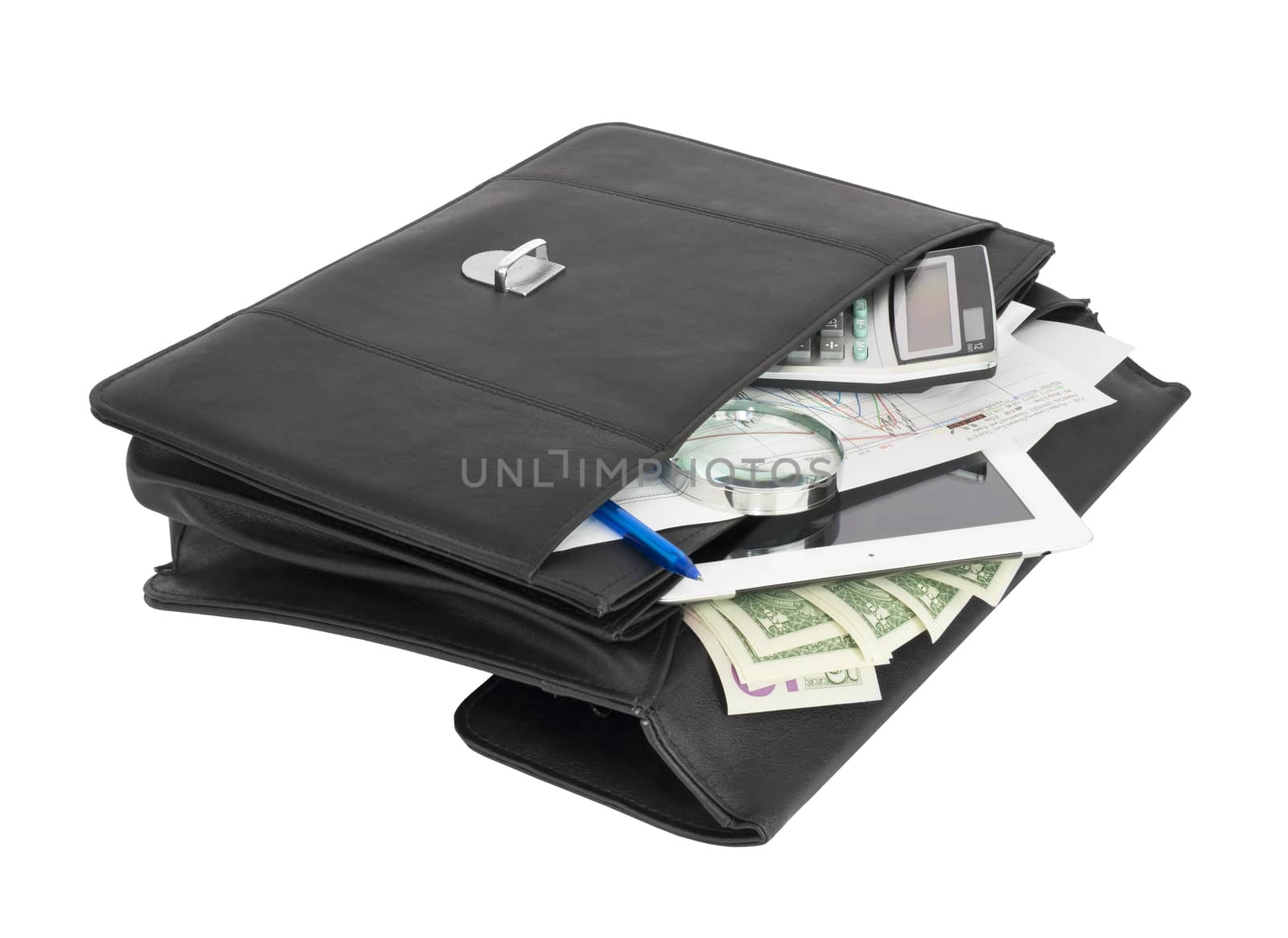 Open black briefcase and business objects by cherezoff