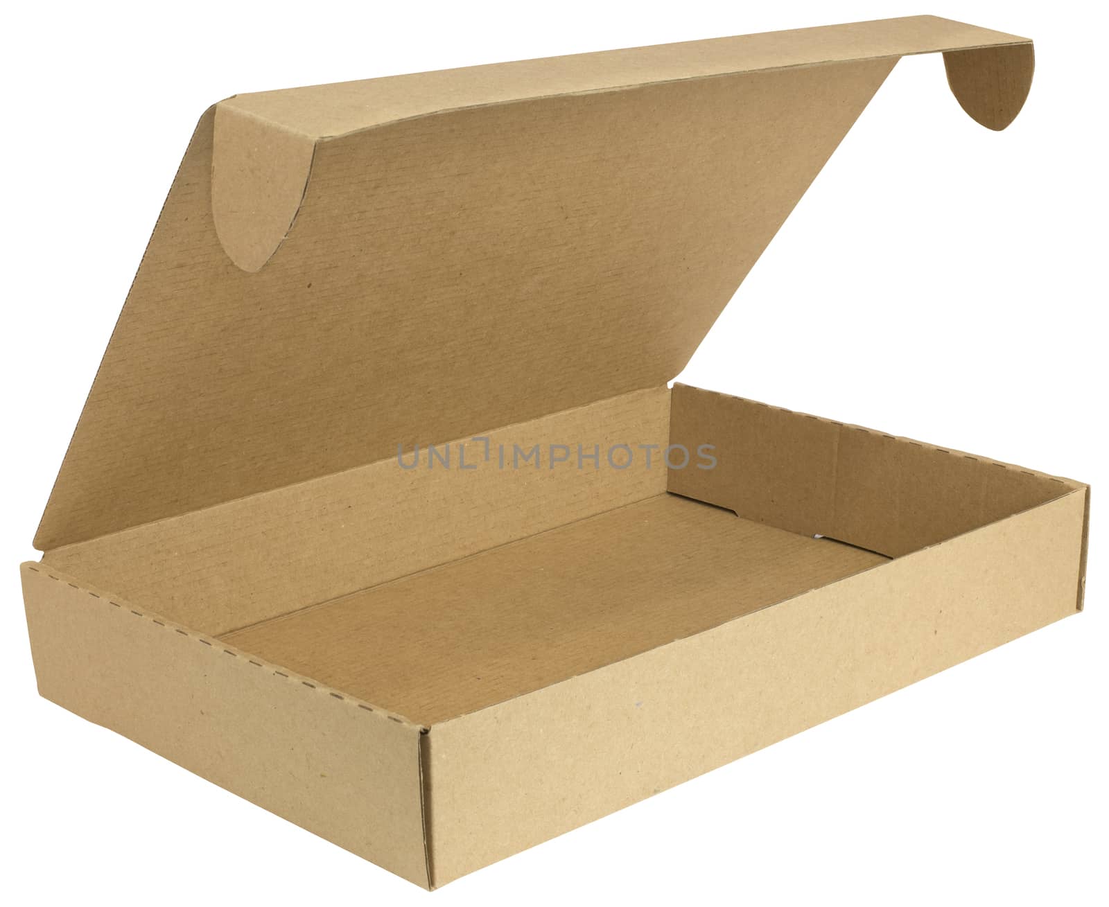 Open cardboard box with a lid. Isolated on white background