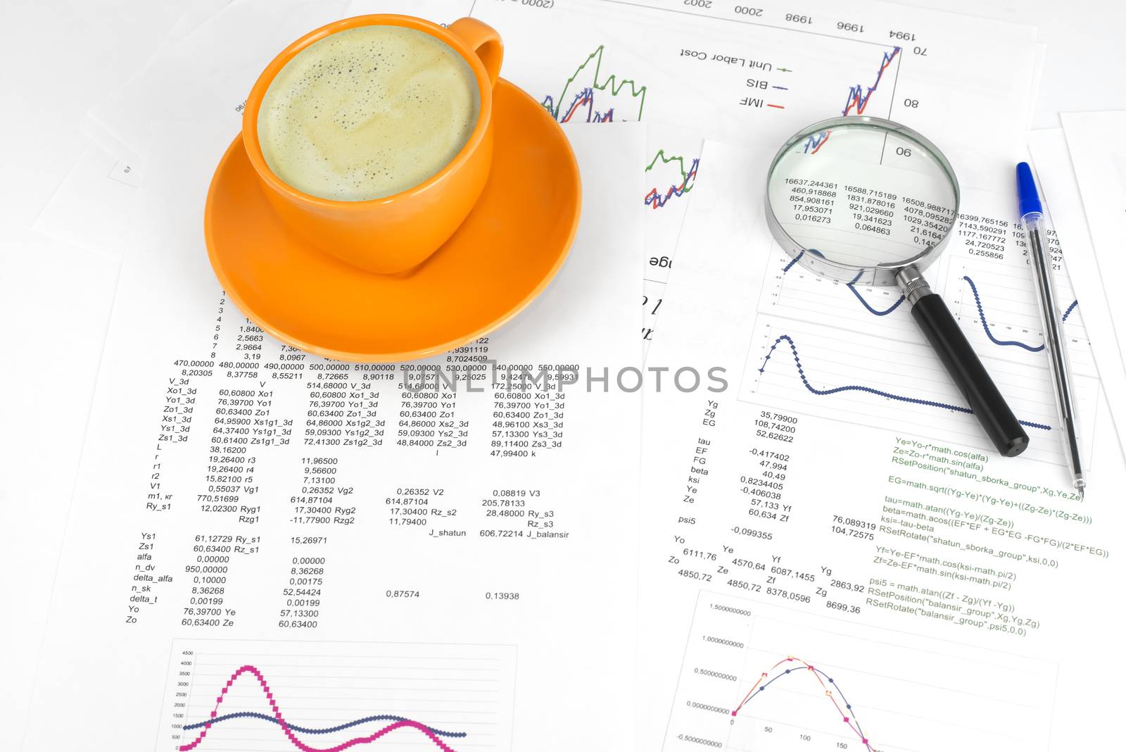 Cup of coffee, business objects and paper with graphs. Business concept