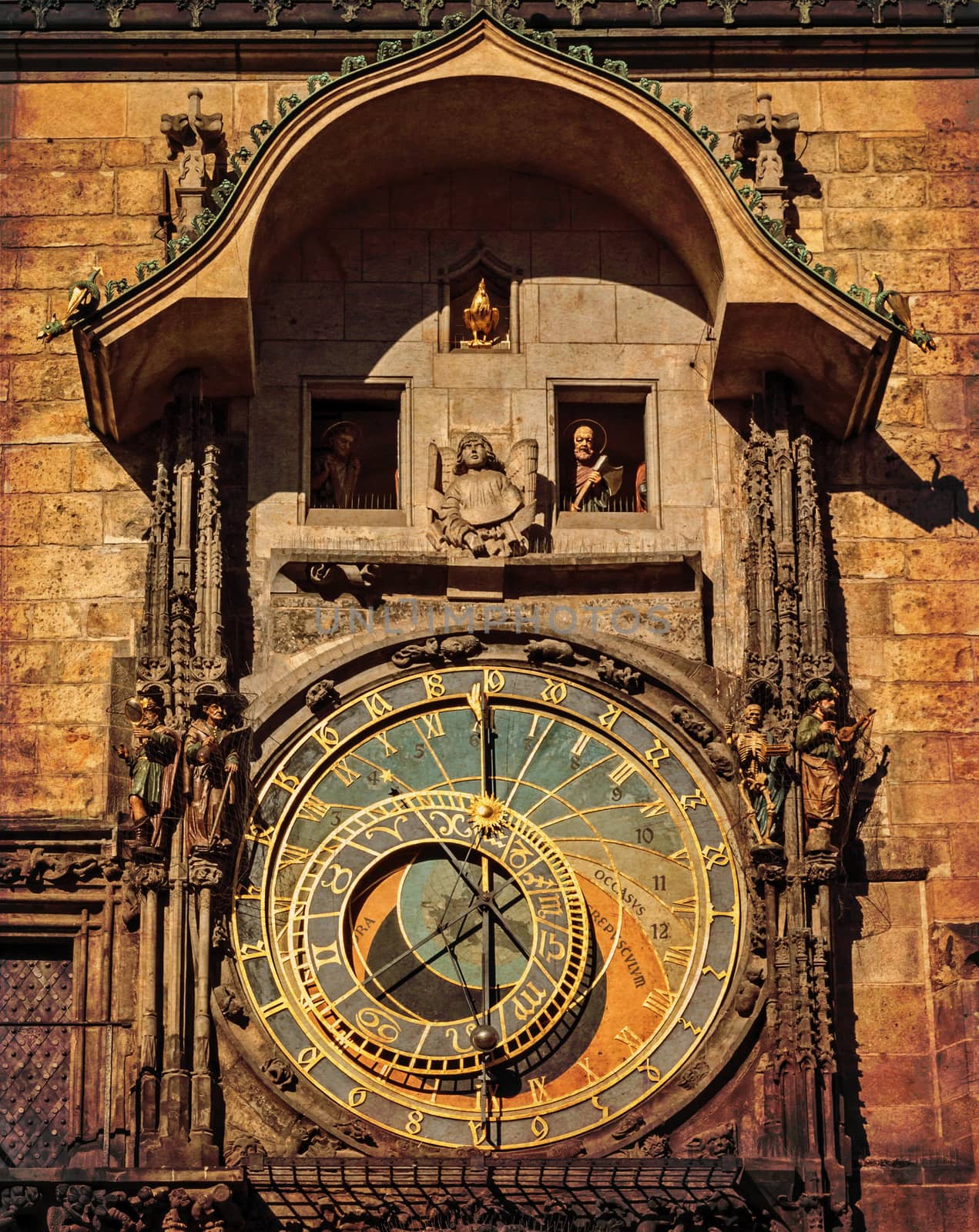 Orloj astronomical clock in Prague. Czech Republic, dark colors by Zhukow