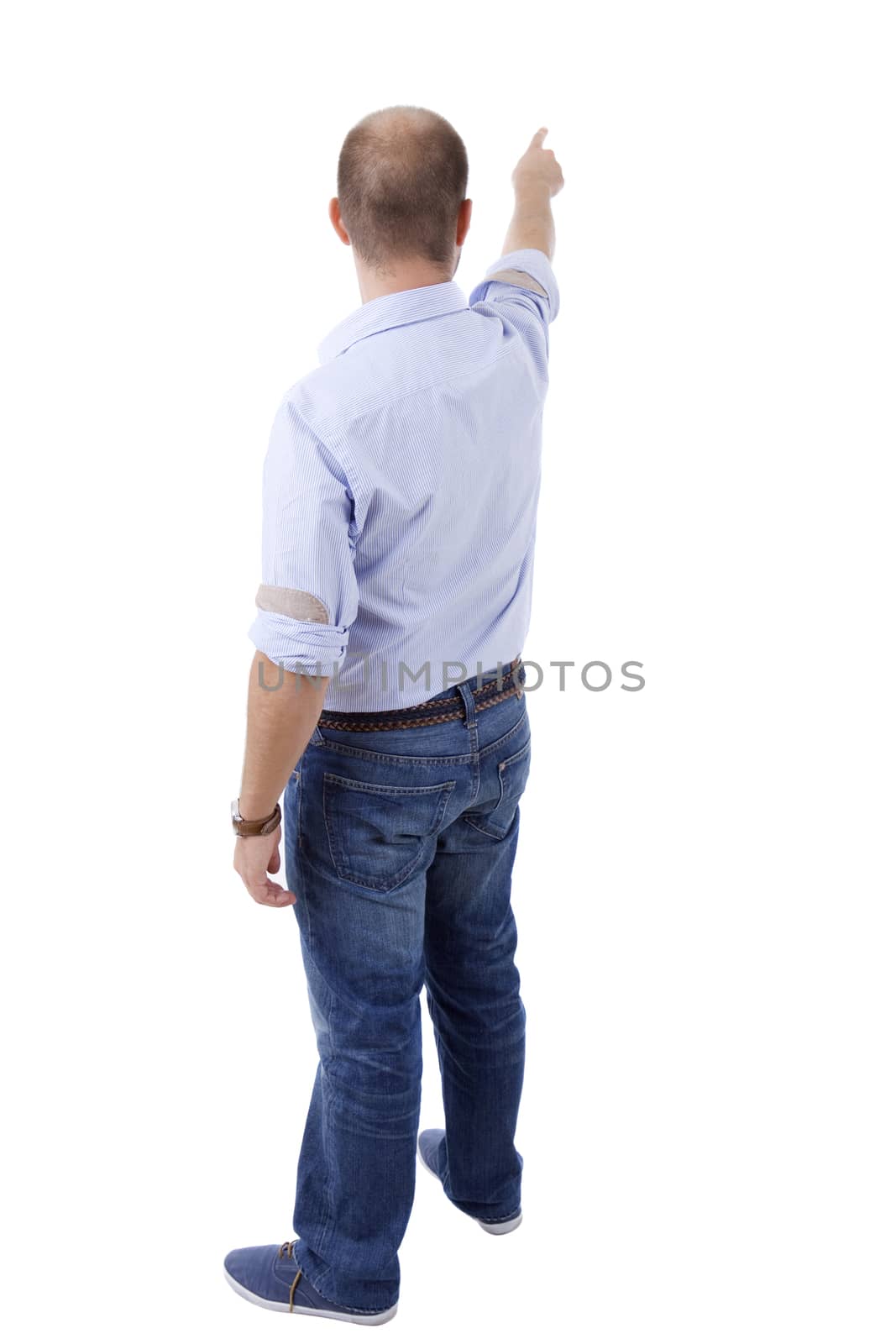 young casual man from the back pointing, full body, isolated