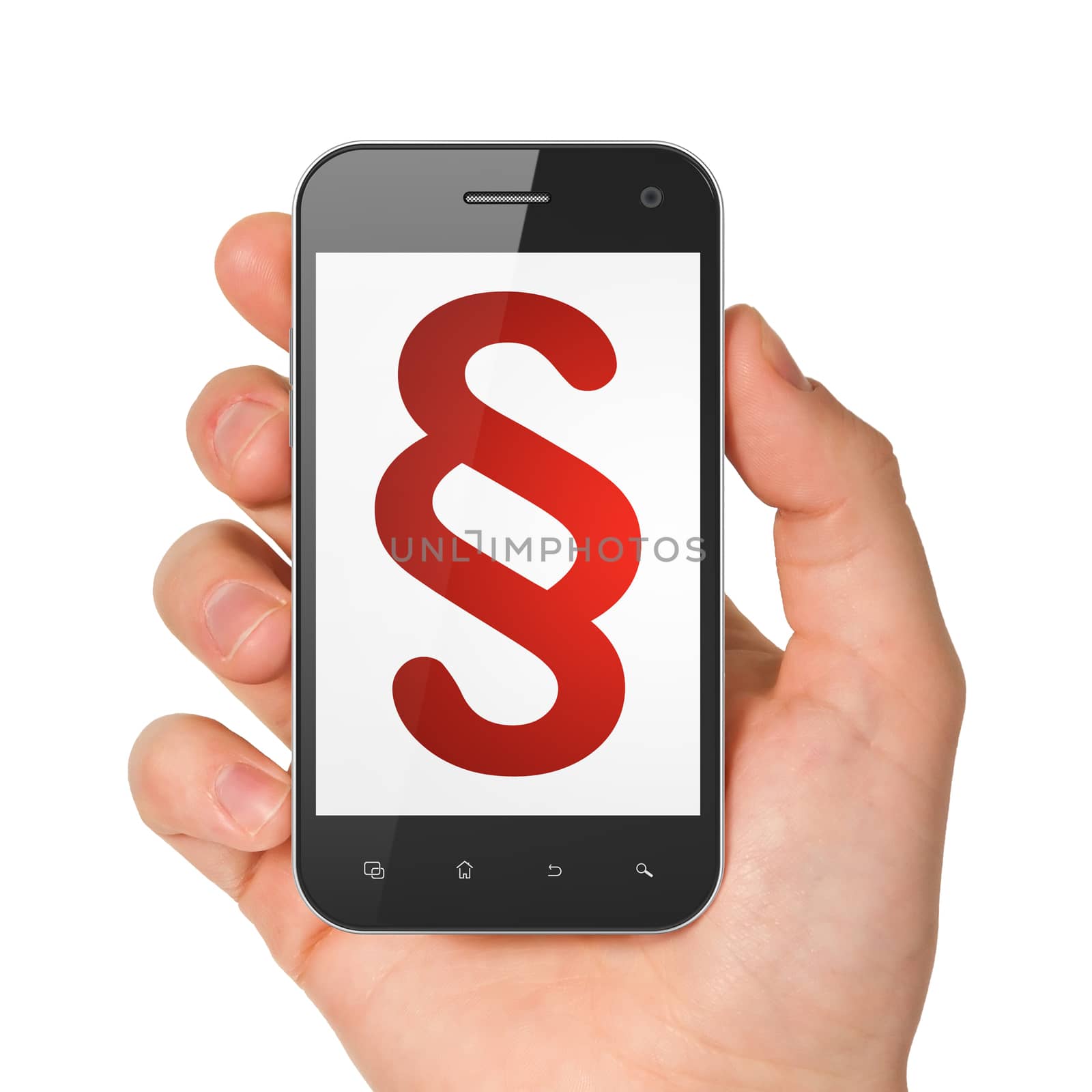 Law concept: hand holding smartphone with Paragraph on display. Mobile smart phone on White background, 3d render