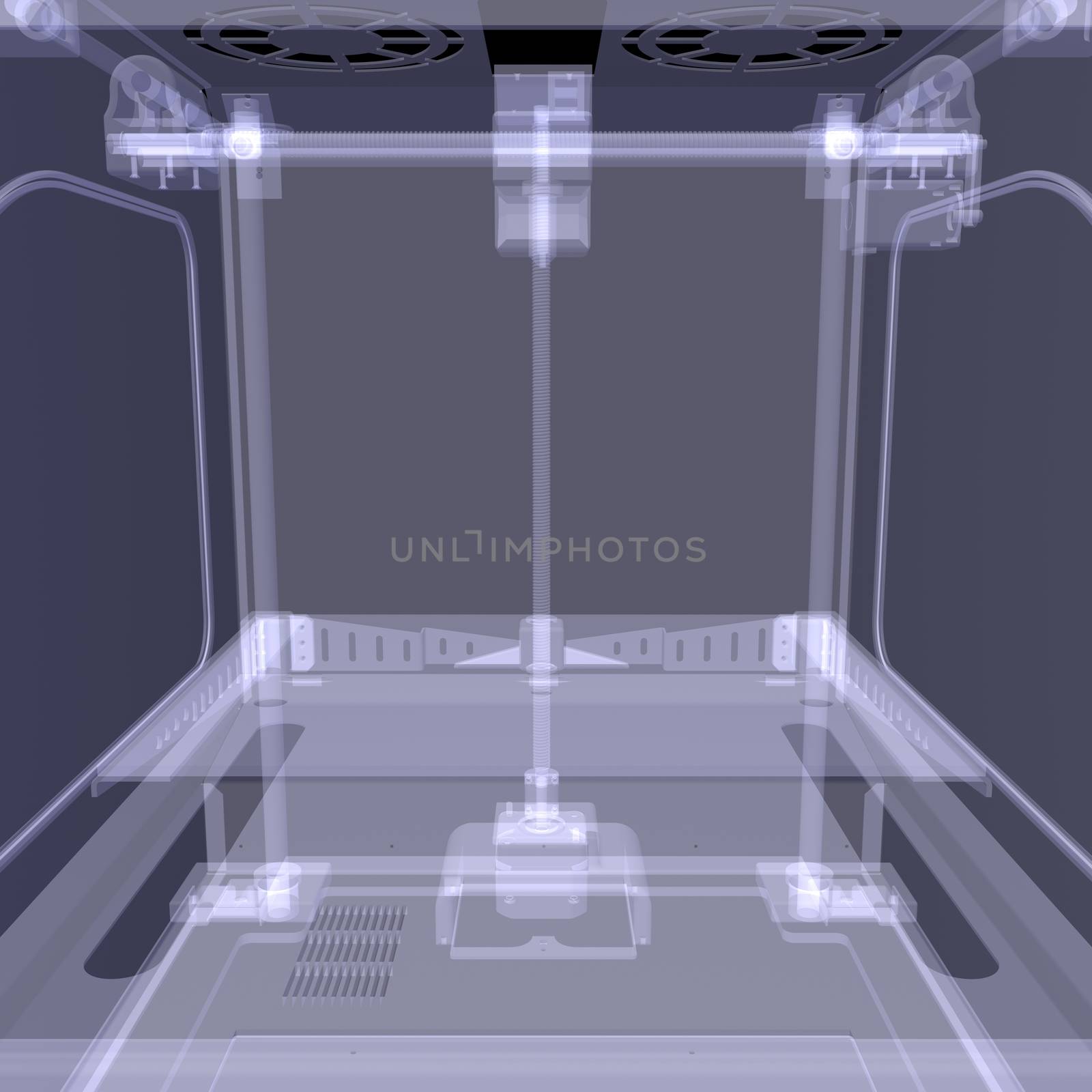 3d printer. X-ray render isolated on black background