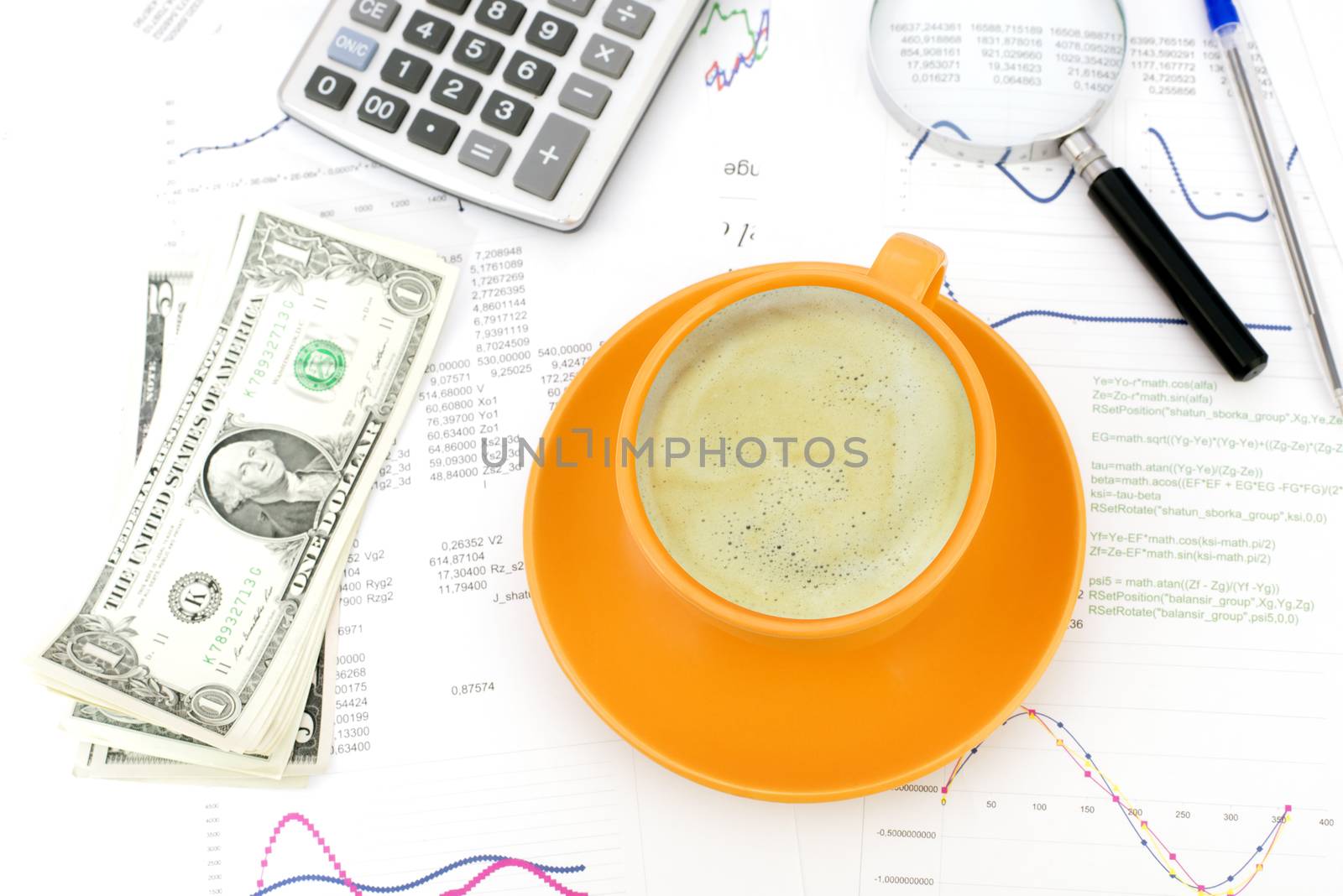 Cup of coffee, business objects and papers by cherezoff