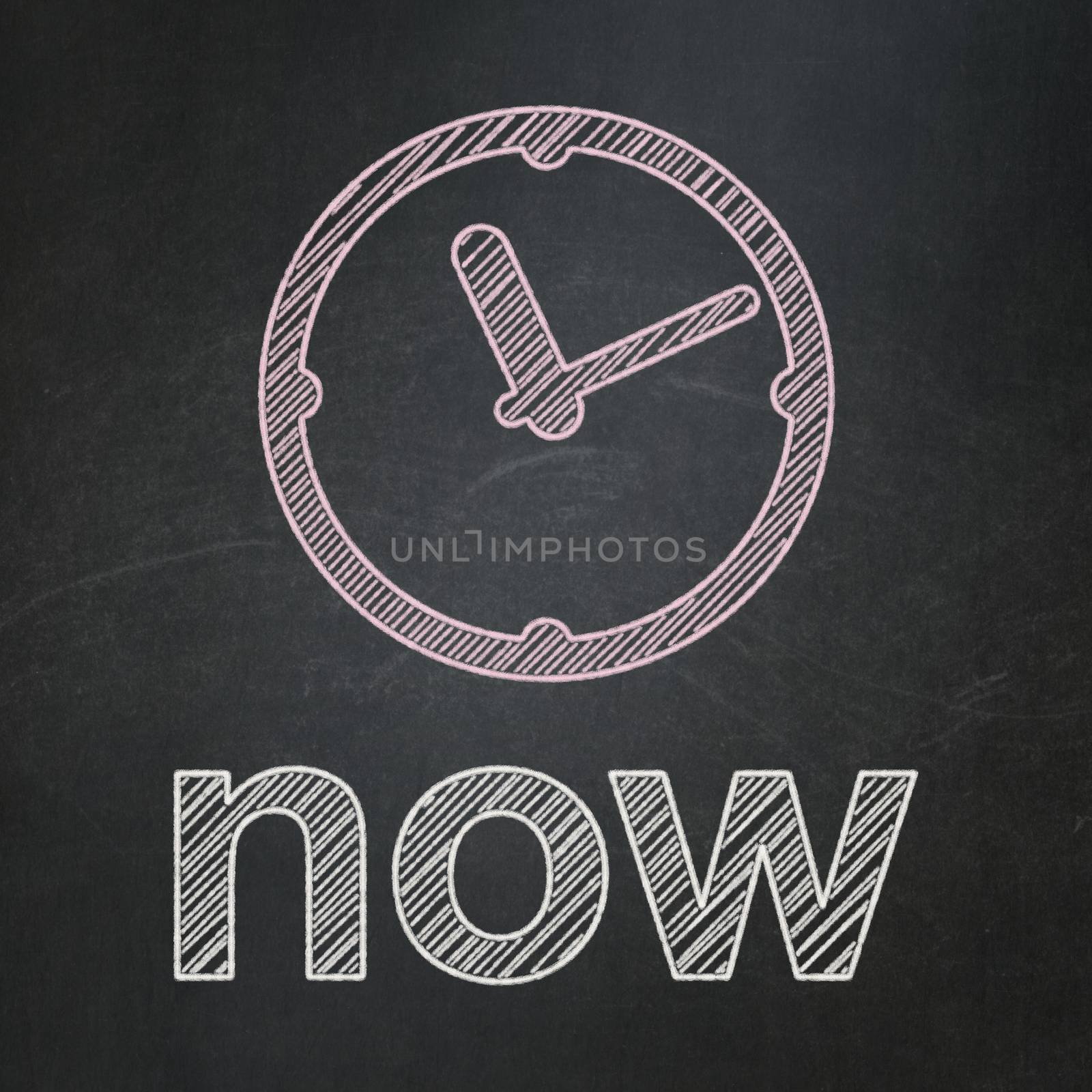 Timeline concept: Clock icon and text Now on Black chalkboard background, 3d render