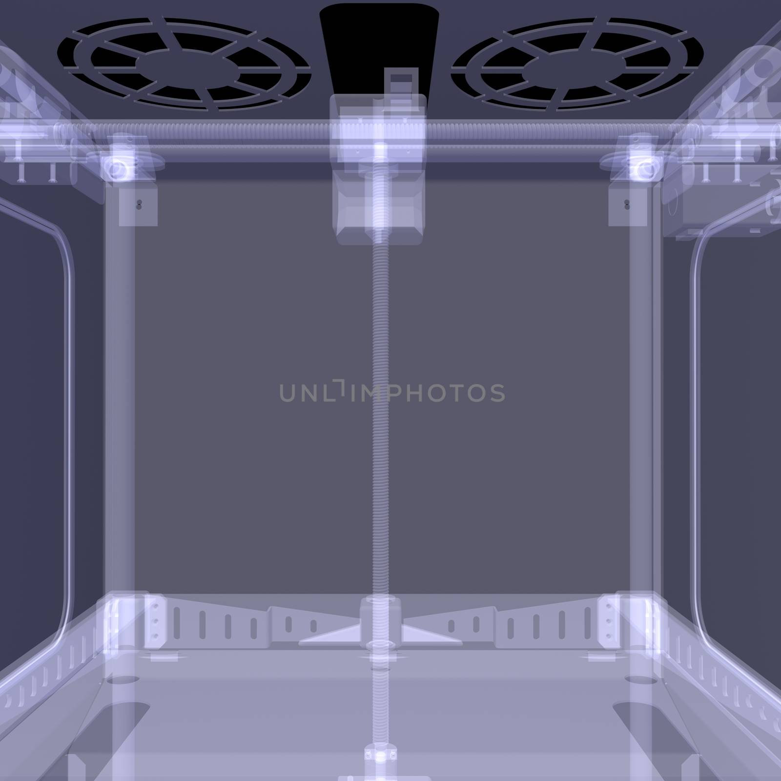 3d printer. X-ray render isolated on black background