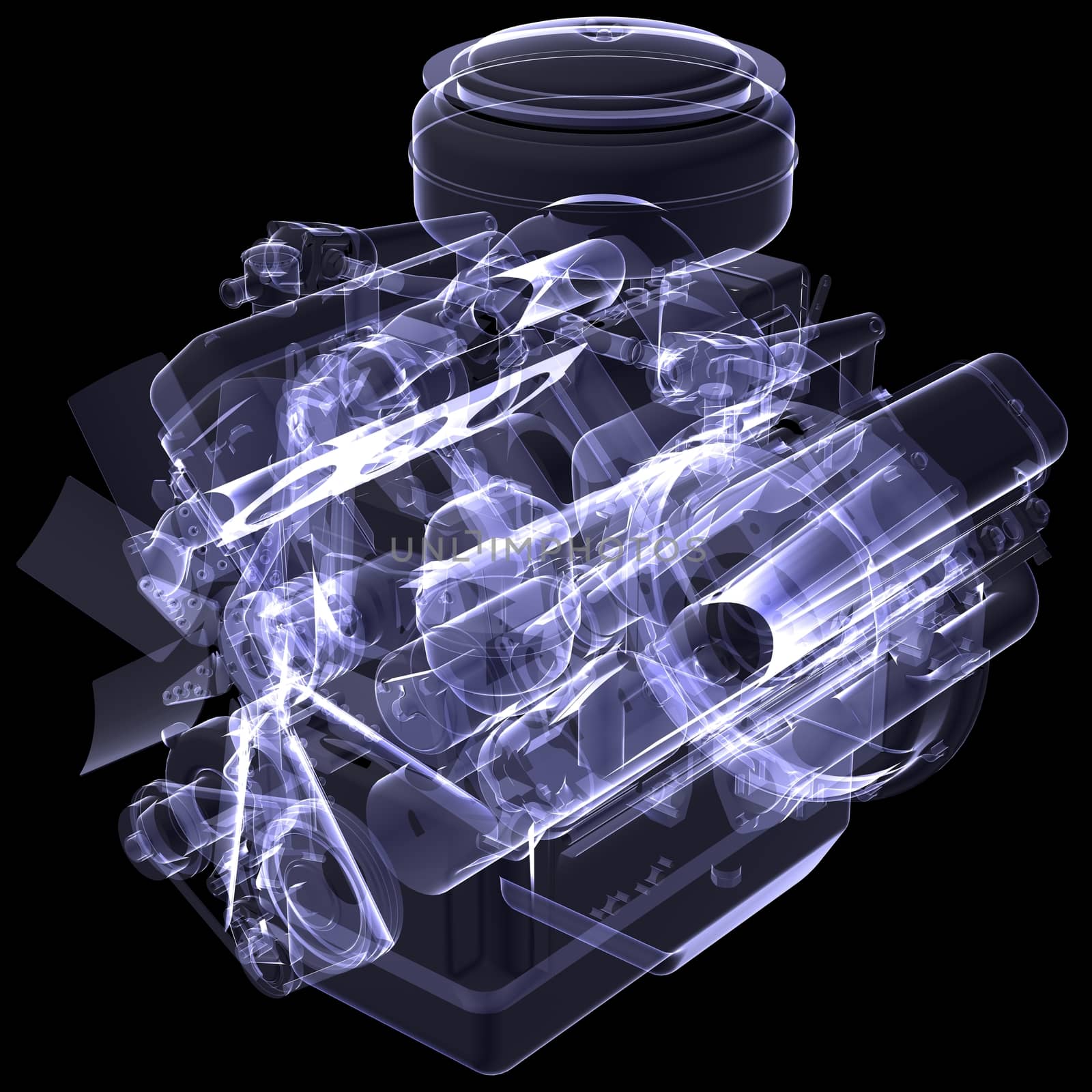 Diesel engine. X-ray render isolated on black background