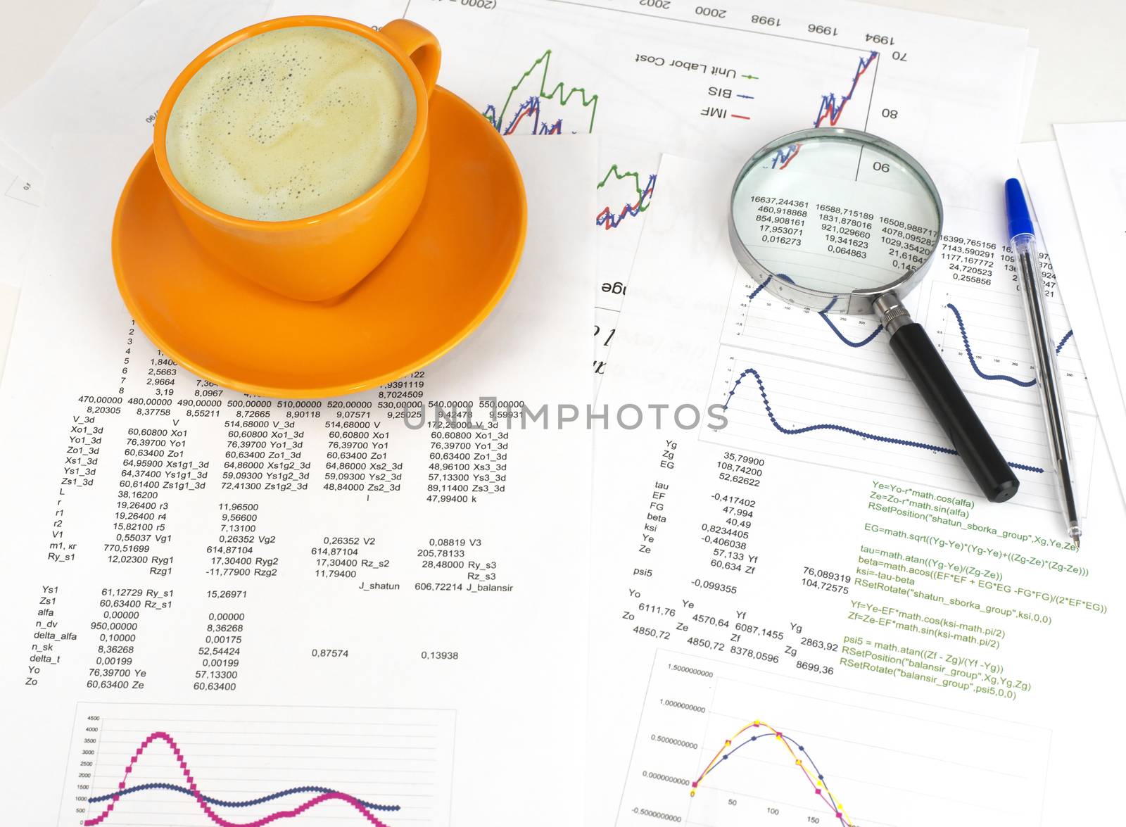 Cup of coffee, business objects and paper with graphs. Business concept