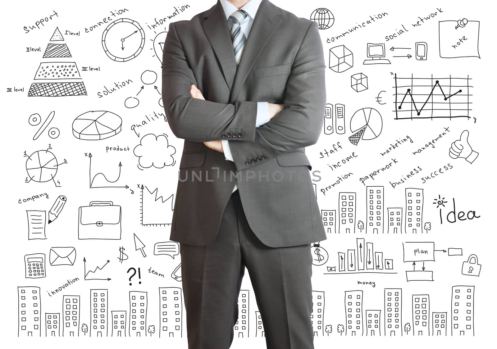 Man in suit and business plan. Business sketches on white background