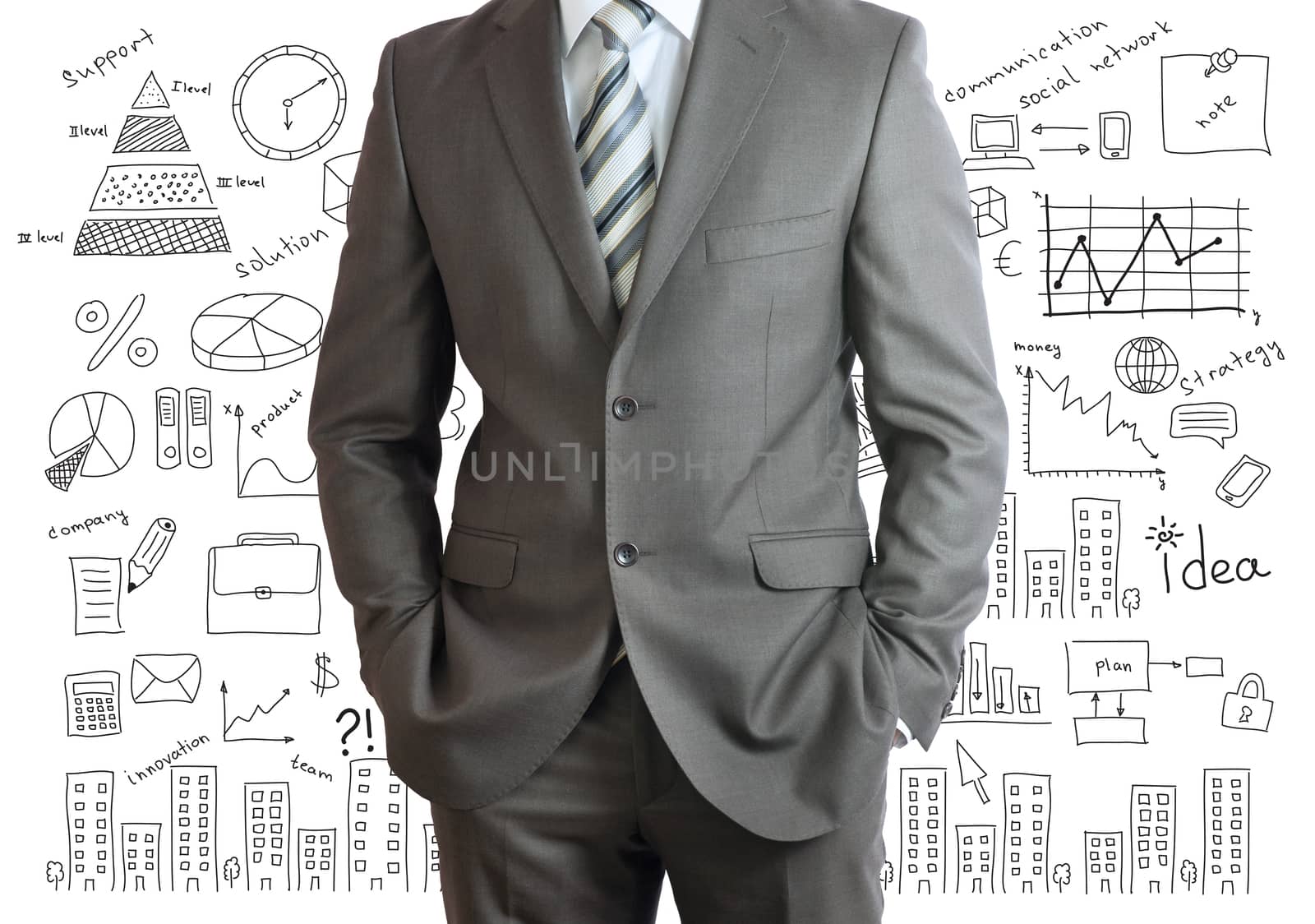 Man in suit and business plan. Business sketches on white background