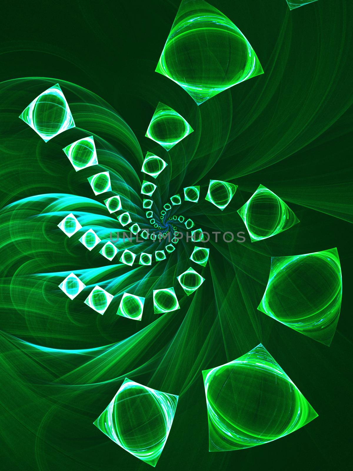 Beautiful colorful spiral. Digitally generated fractal pattern. Can be used as a design element or a background. The image contains black, blue, and green colors.