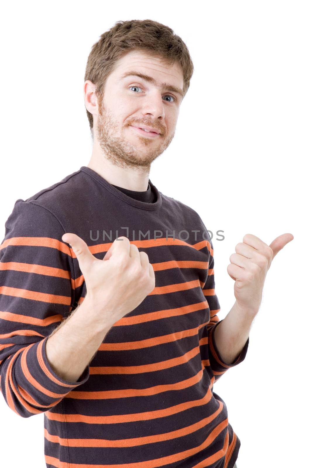 young casual man going thumb up, isolated on white