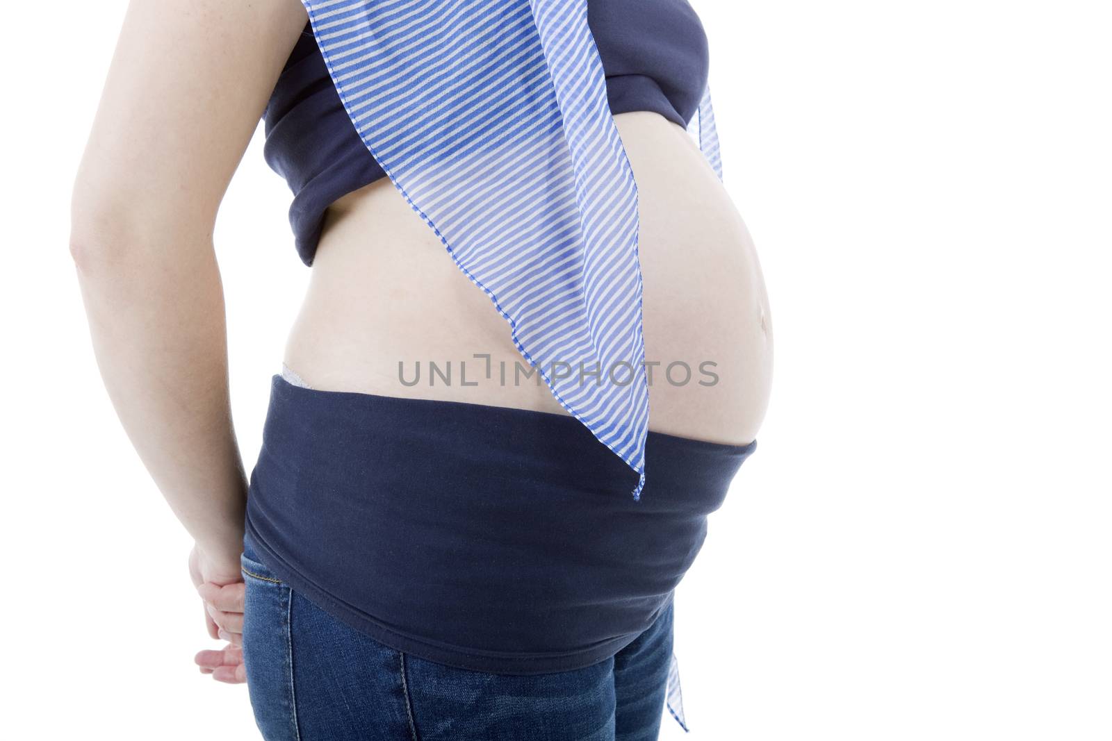 Closeup of pregnant woman at white background