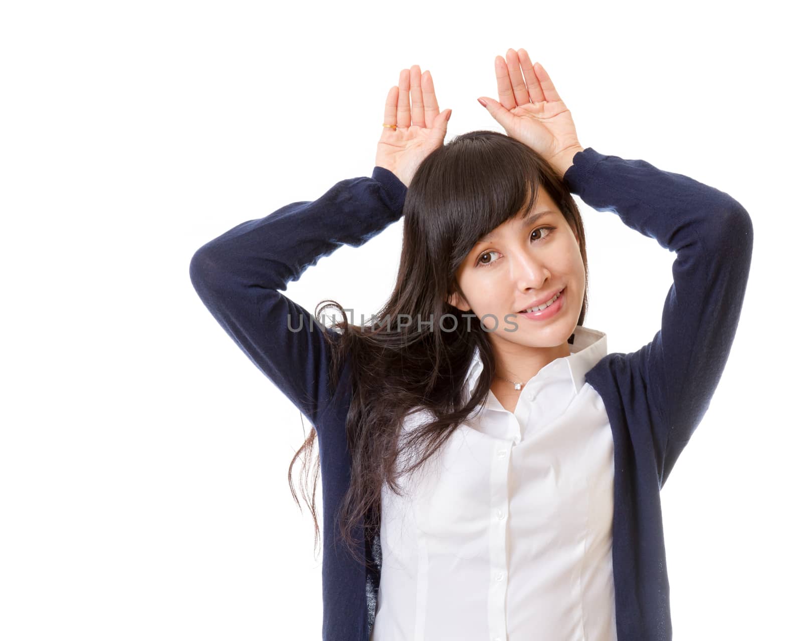 Chinese woman using hands as ears