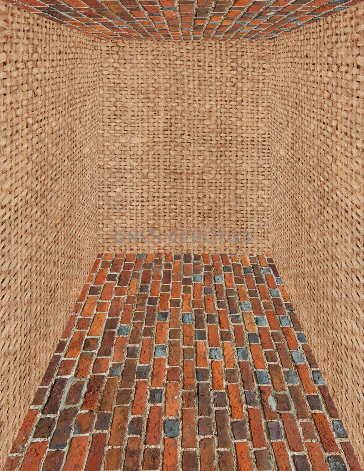 room with ceiling and floor made from red brick and grey sack walls