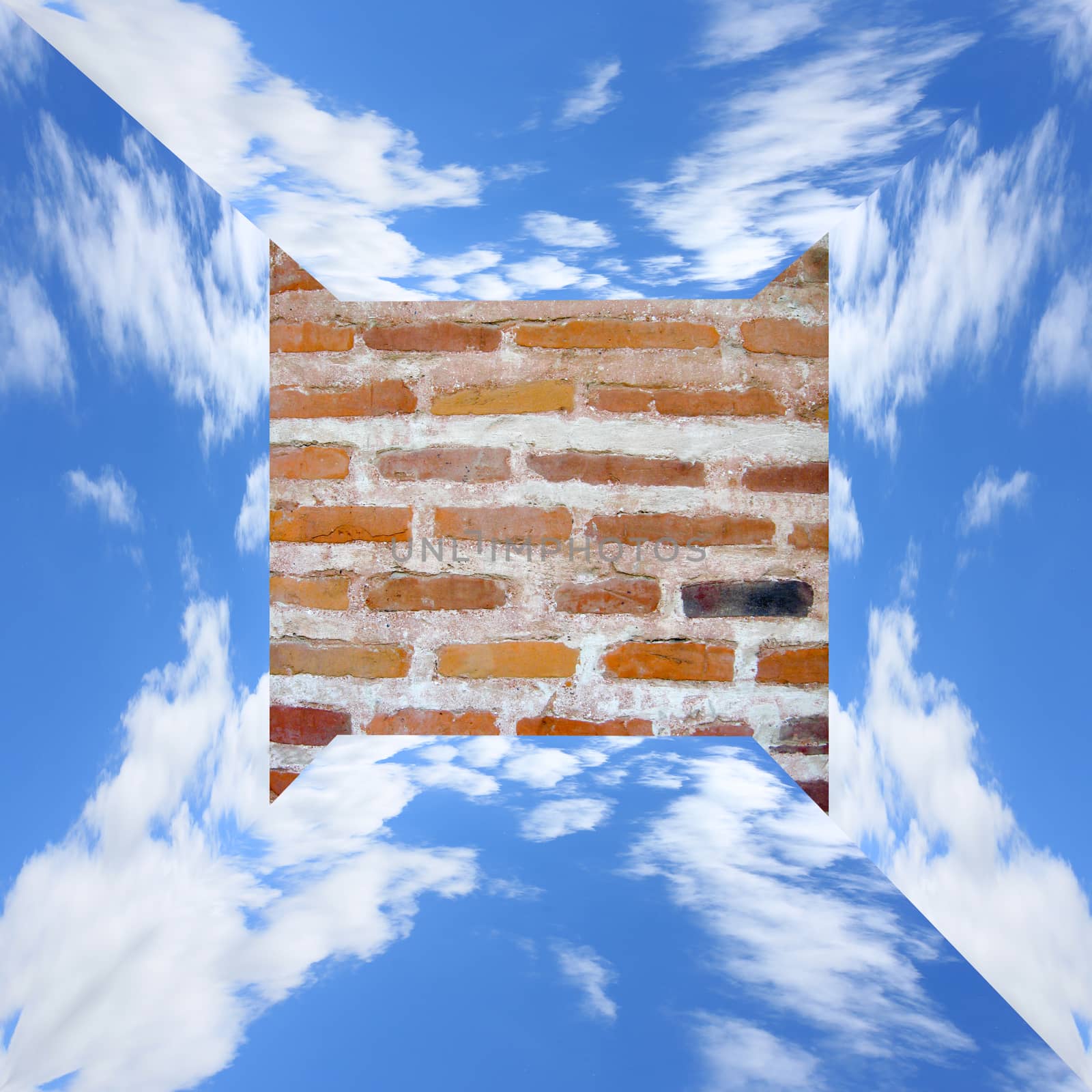 blue sky with white clouds in three-dimensional measurement and red brick wall