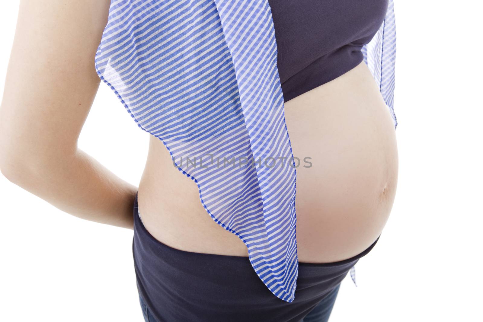 Closeup of pregnant woman at white background