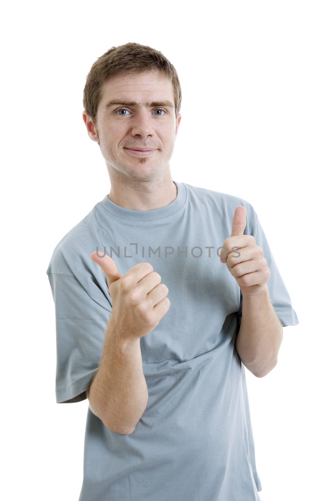 young casual man going thumb up, isolated on white