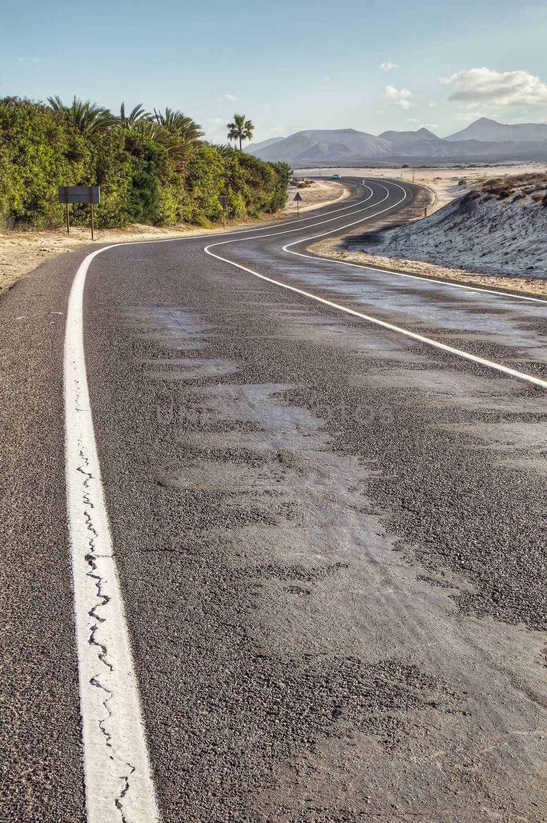 Winding road through the dunes of Corralejo with volcanoes in the background, in Fuerteventura, Canary Islands, Spain.