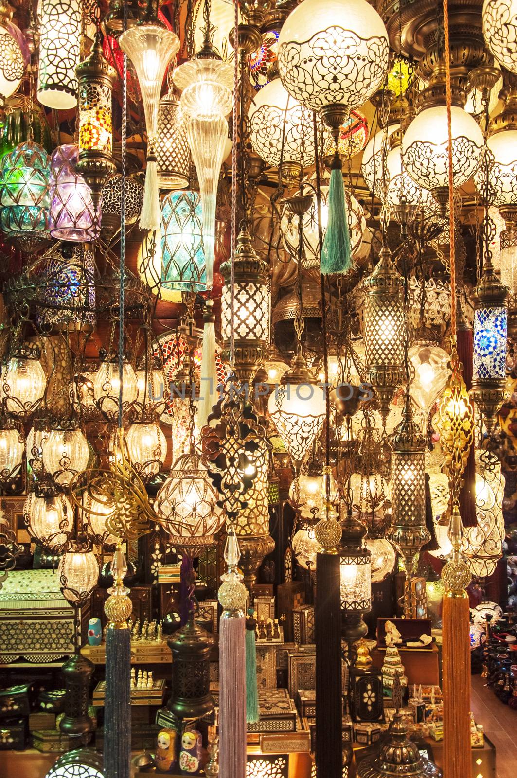hanging lanterns inside the Grand Bazaar in Istanbul, Turkey