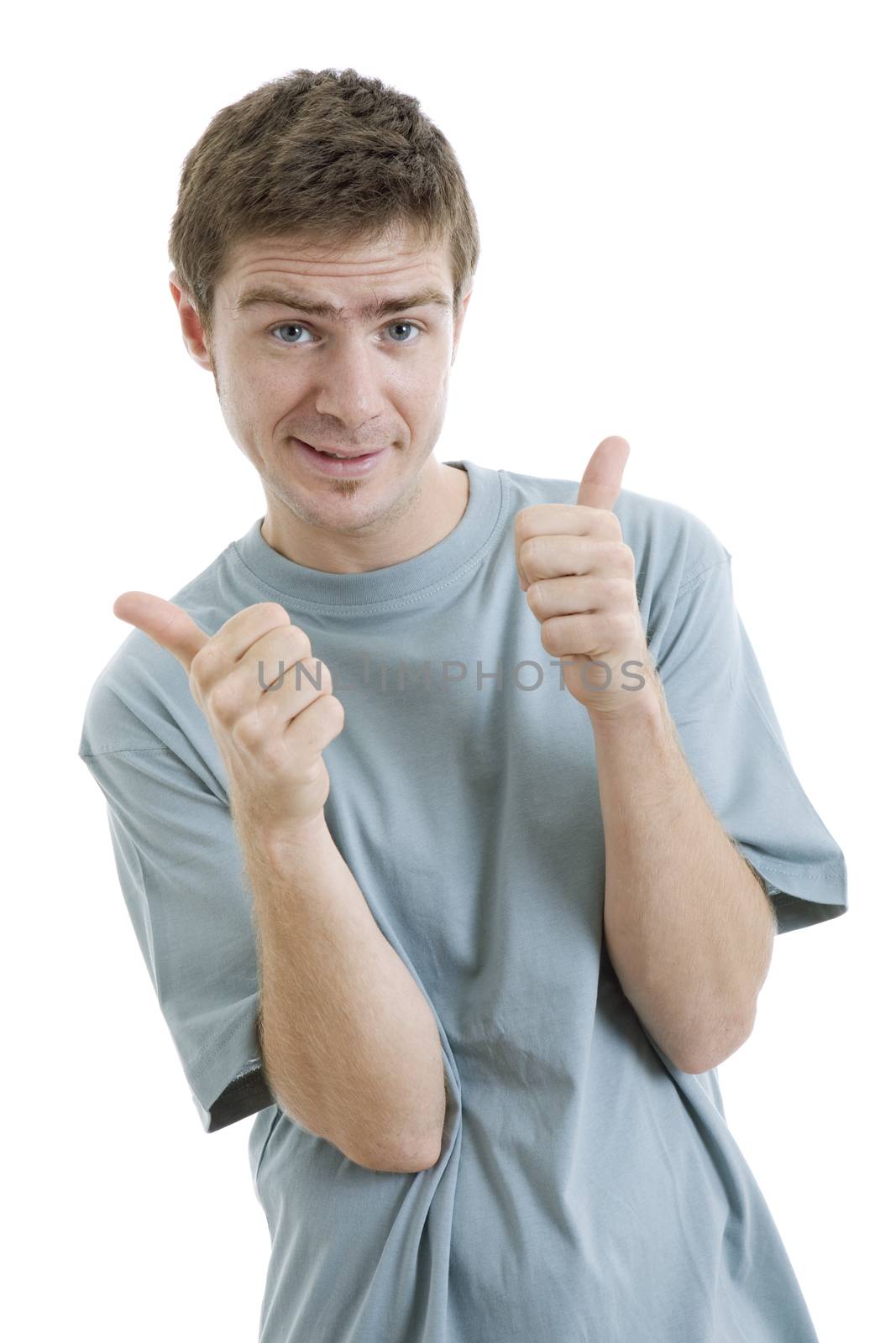 young casual man going thumb up, isolated on white