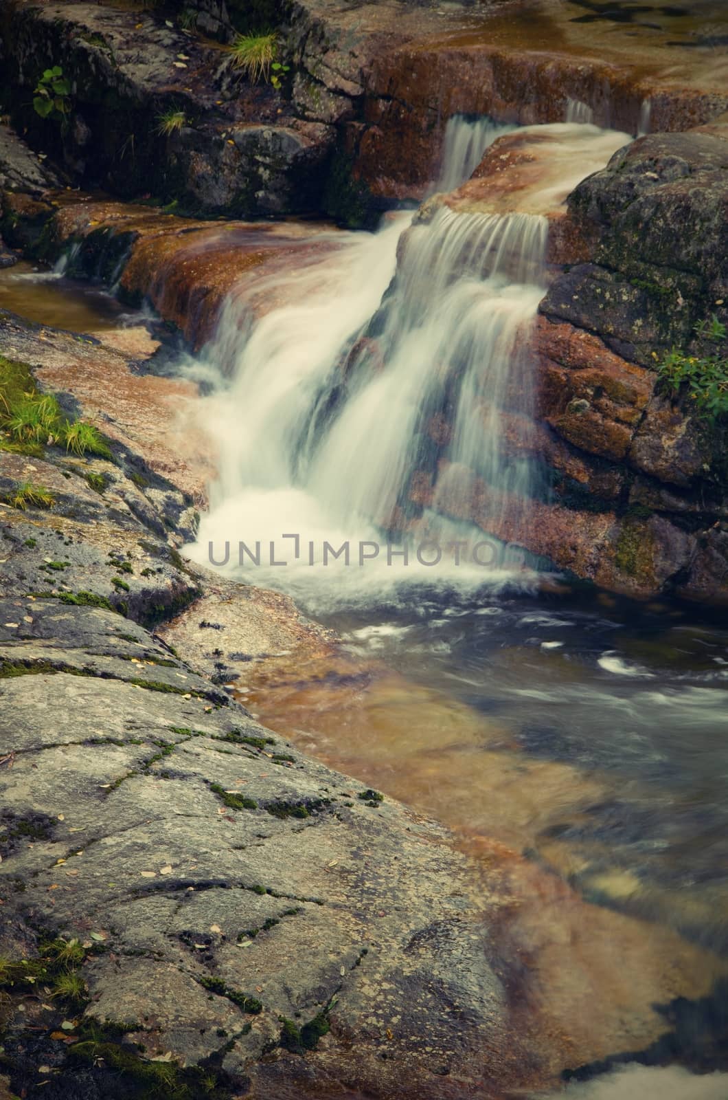 Medium cascade, mossy rocks, in retro style