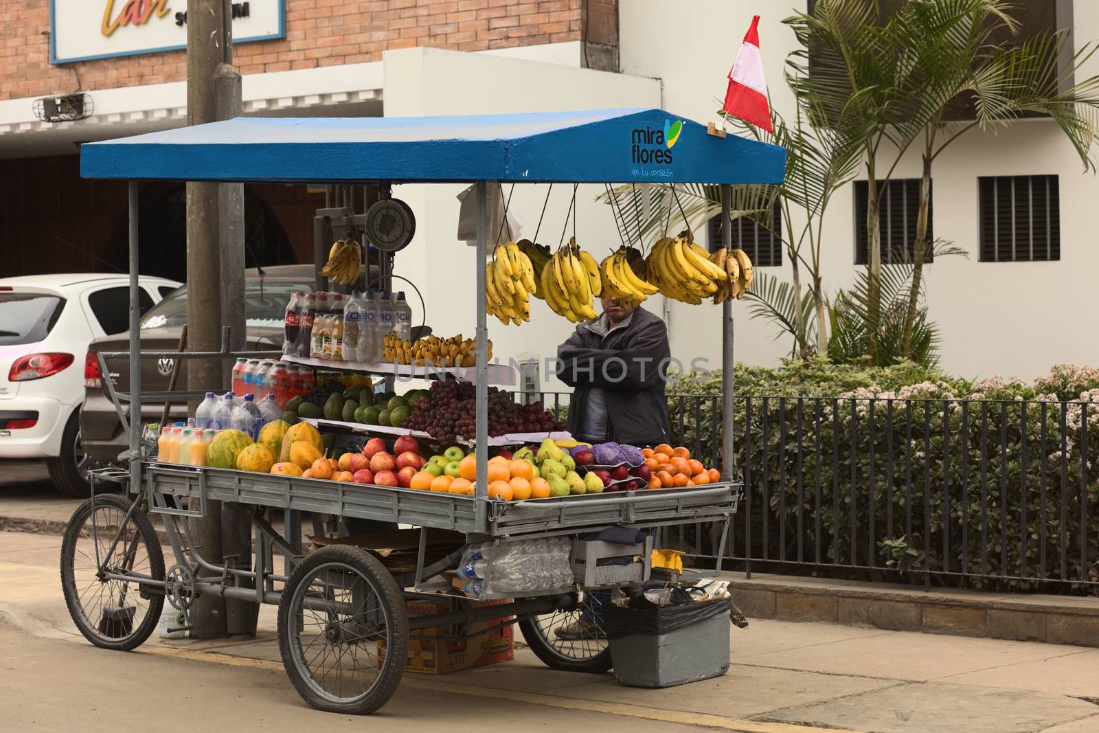 LIMA, PERU - JULY 23, 2013: Unidentified street vendor selling fruits from a cart on the street on July 23, 2013 in Miraflores, Lima, Peru. Mobile food and fruit carts and stands are a very common sight all over Lima. 