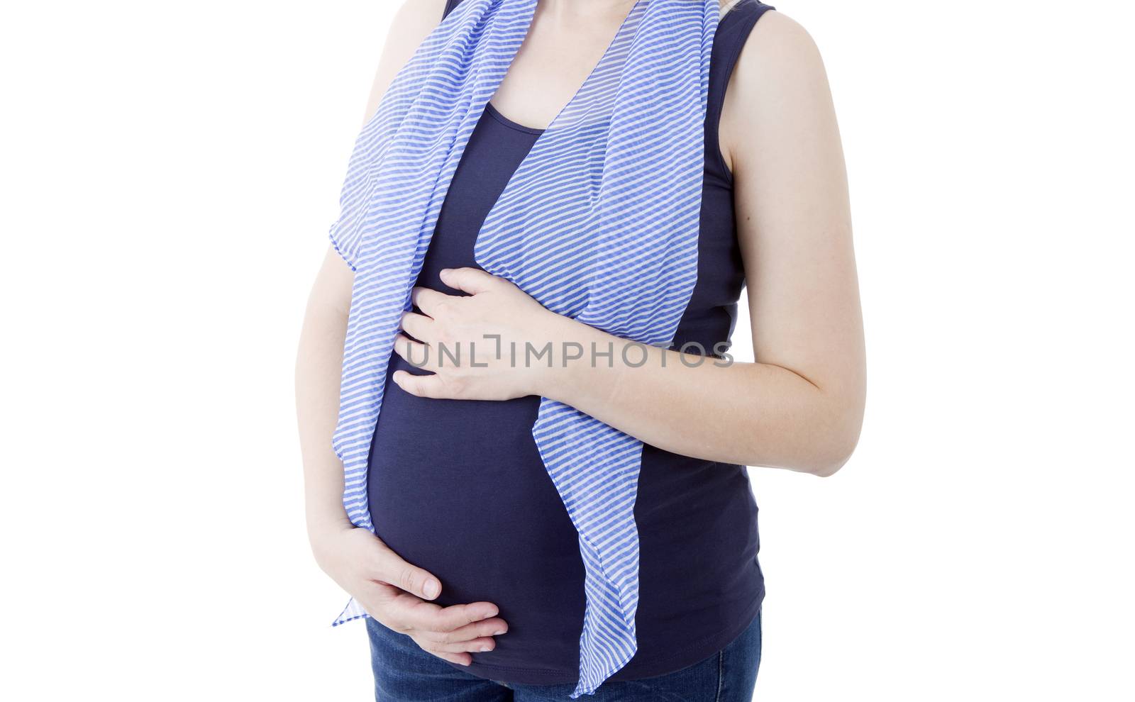 Closeup of pregnant woman at white background