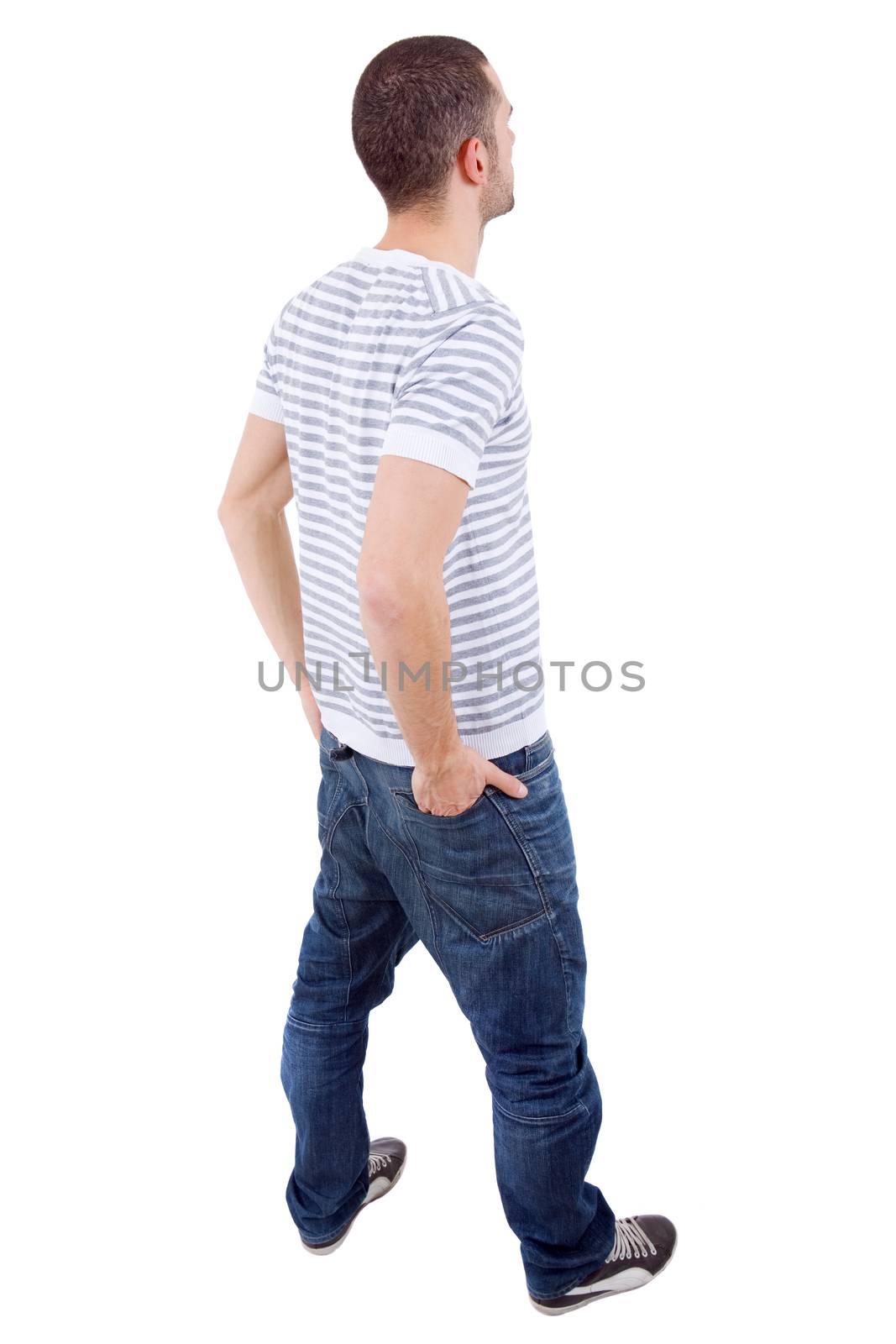 young casual man from the back looking, full body, isolated