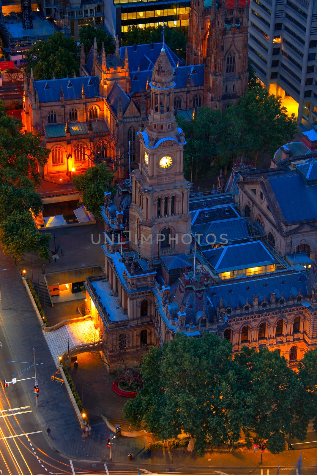 Aerial view of a bell tower of a church in a city, Sydney, New South Wales, Australia