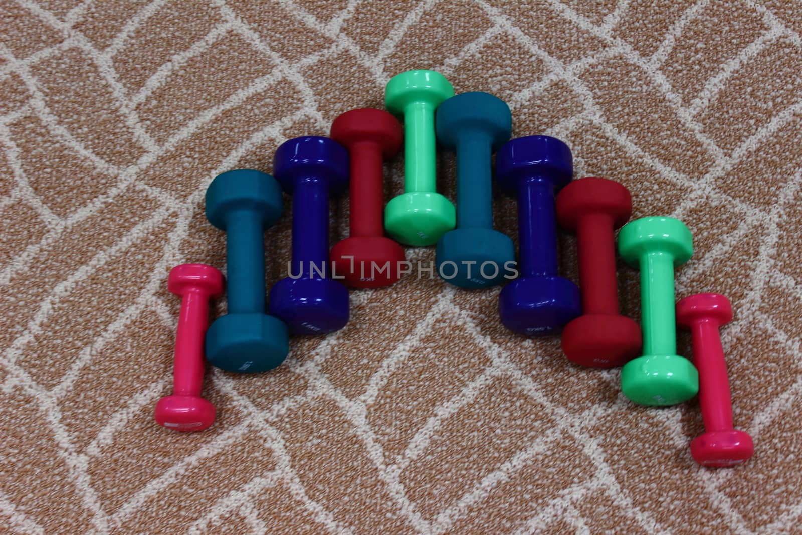 Ten colorful dumbbells lined up arrow on the carpet