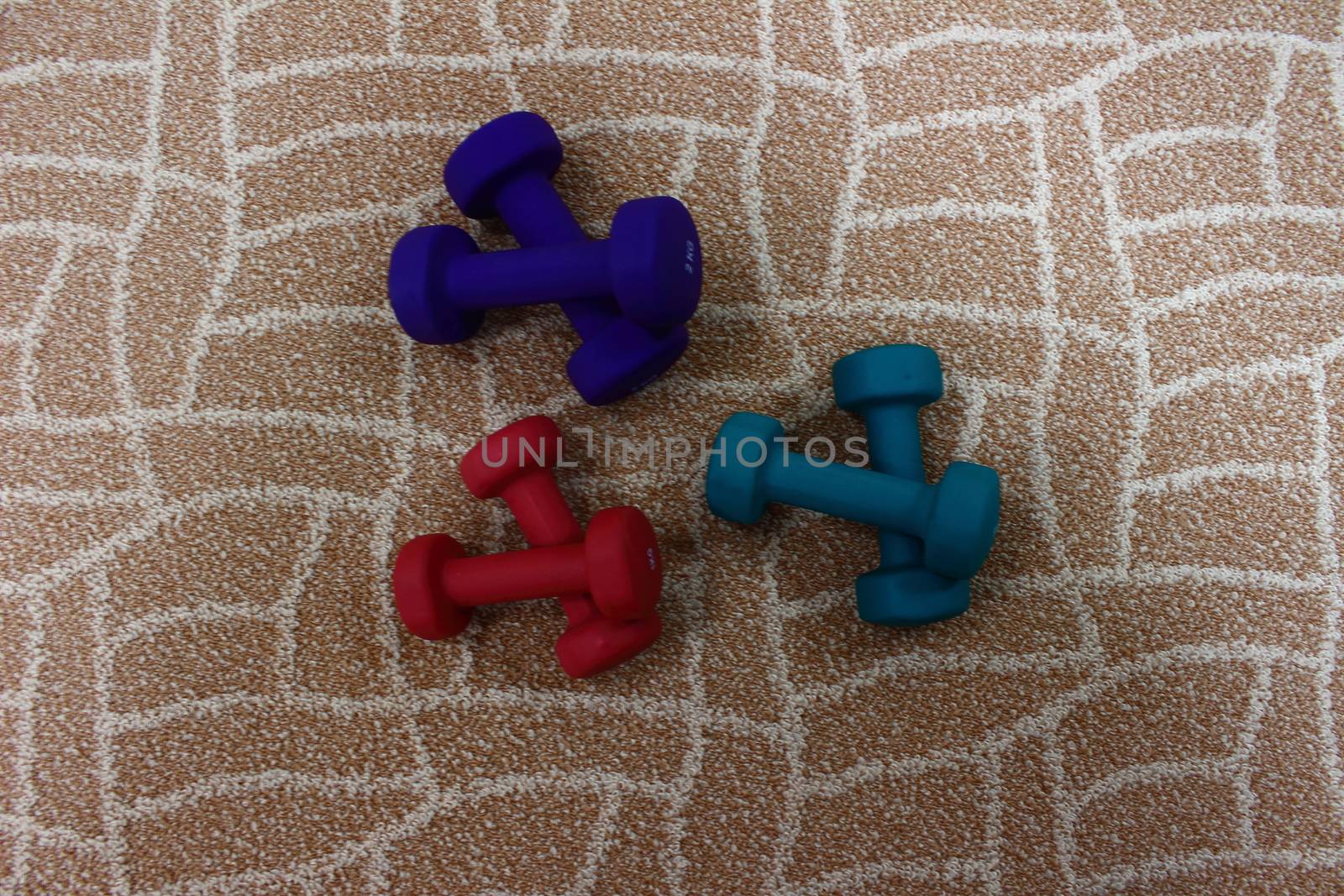 Top view of the three pairs of dumbbells, which lie on the carpet in the gym
