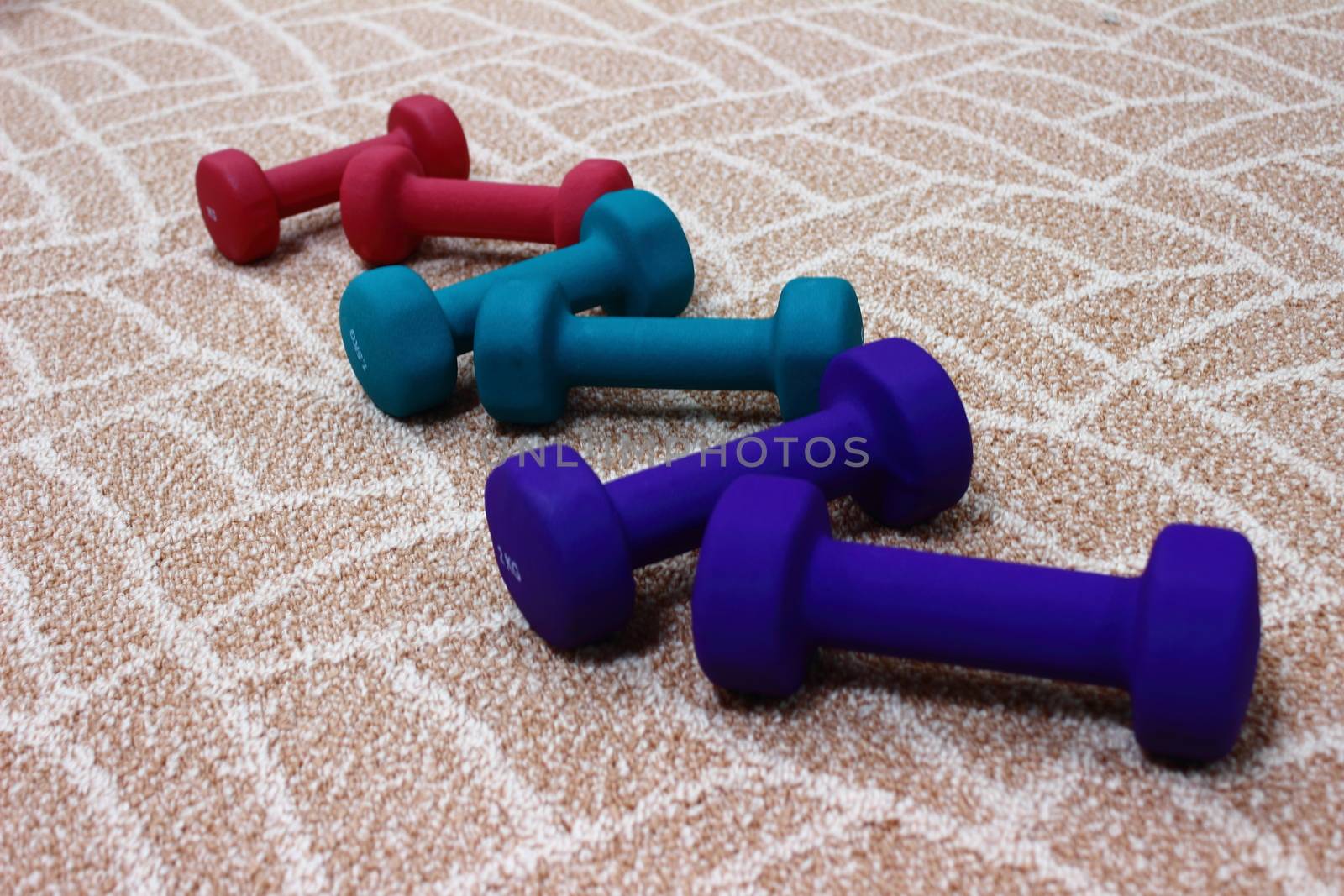 Colorful dumbbells lie asymmetrically ready for sports