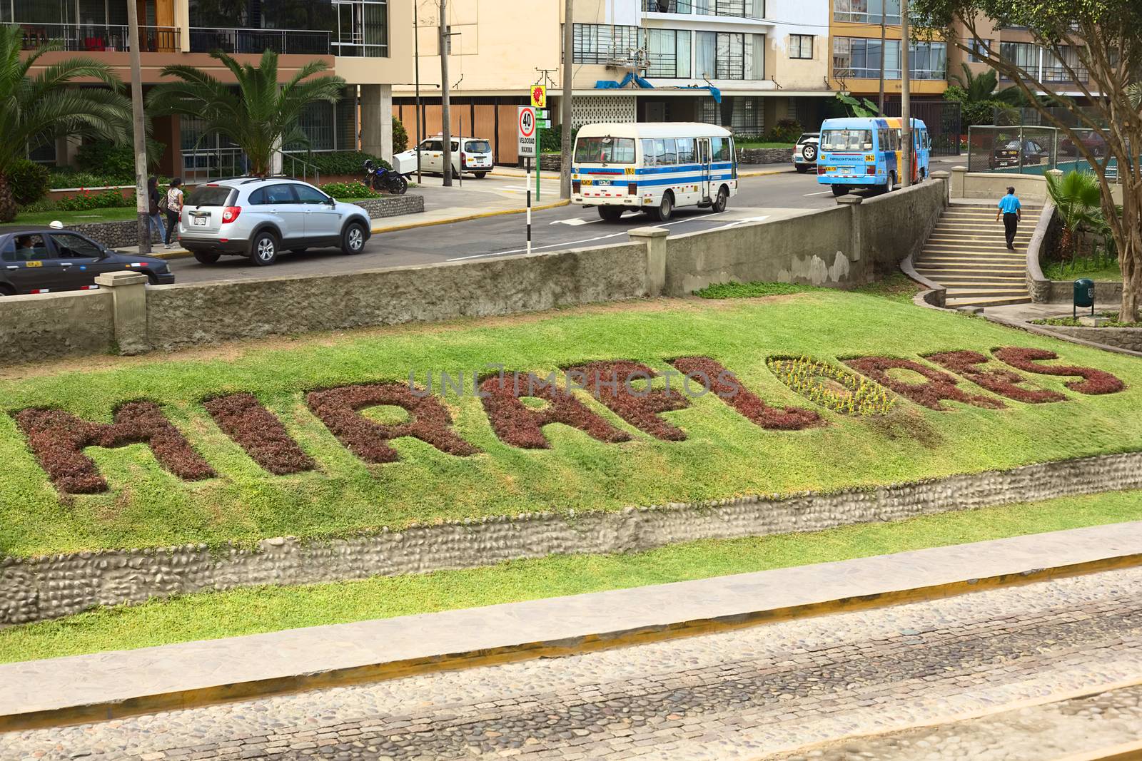 LIMA, PERU - MARCH 24, 2012: The name of the district of Miraflores written with plants along the roadside of Malecon 28 de Julio on March 24, 2012 in Miraflores, Lima, Peru. Miraflores is a modern and well-kept district of Lima. 