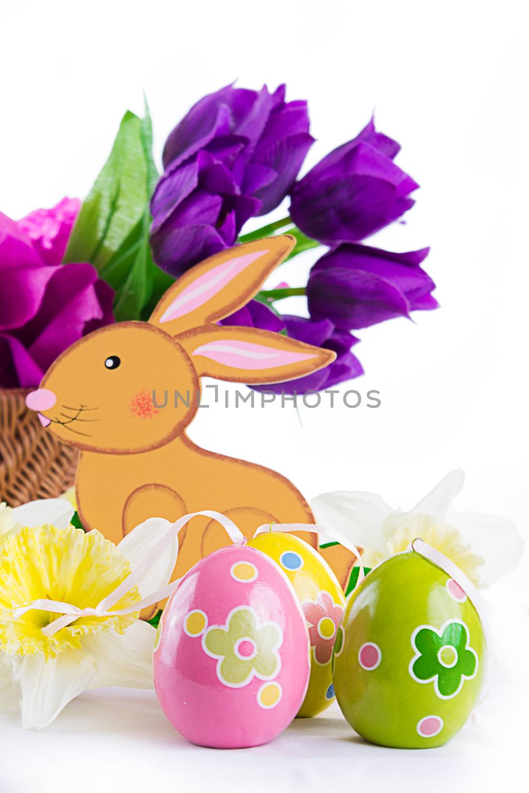 Easter decoration with rabbit, eggs and tulips by Angel_a