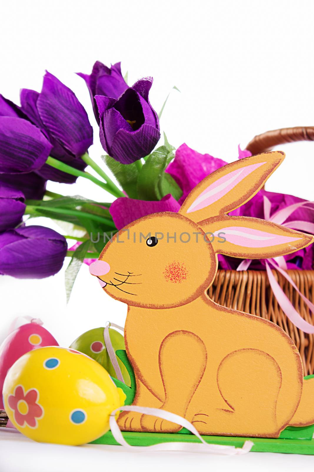 Easter decoration with rabbit, eggs and tulips by Angel_a