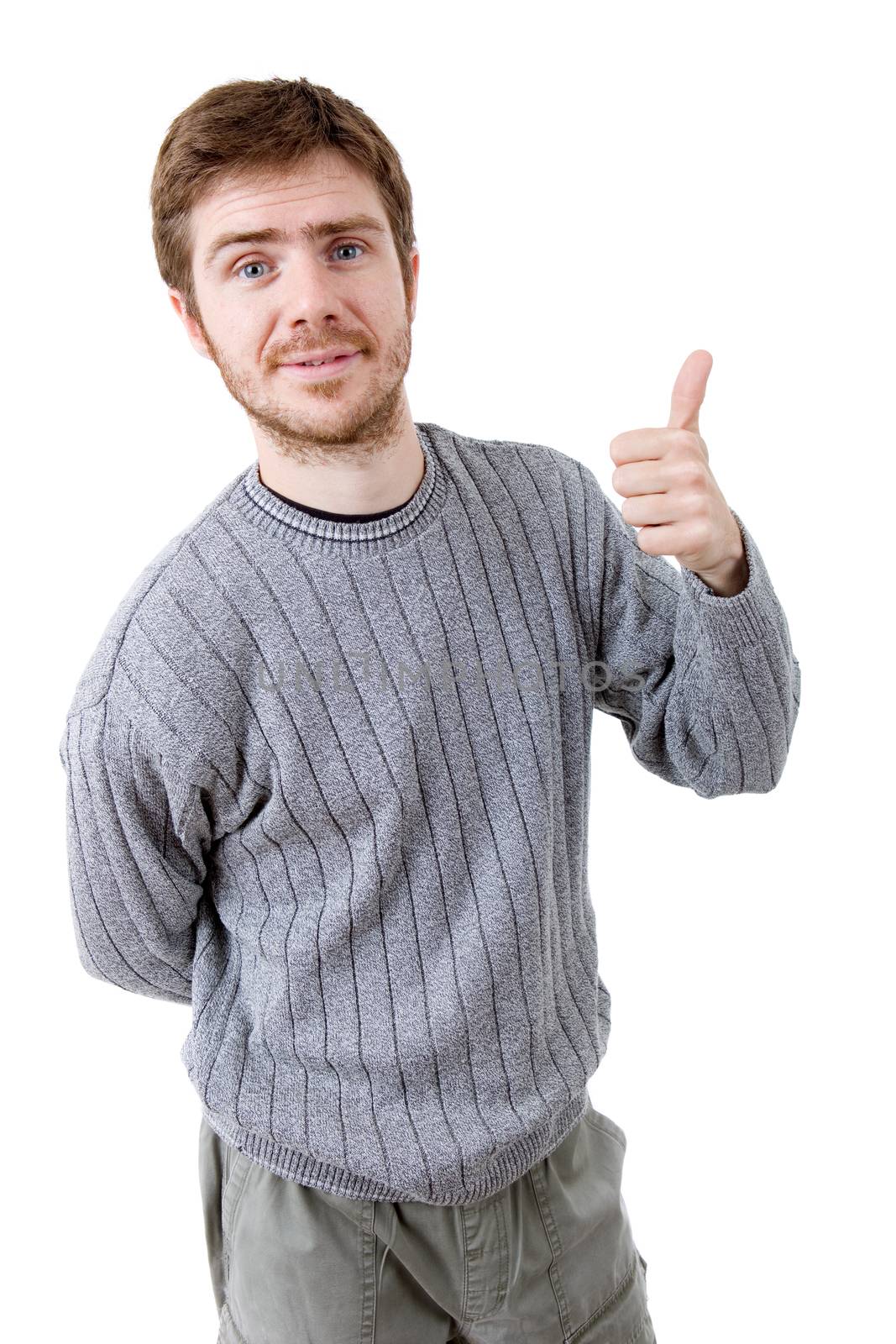 young casual man going thumb up, isolated on white