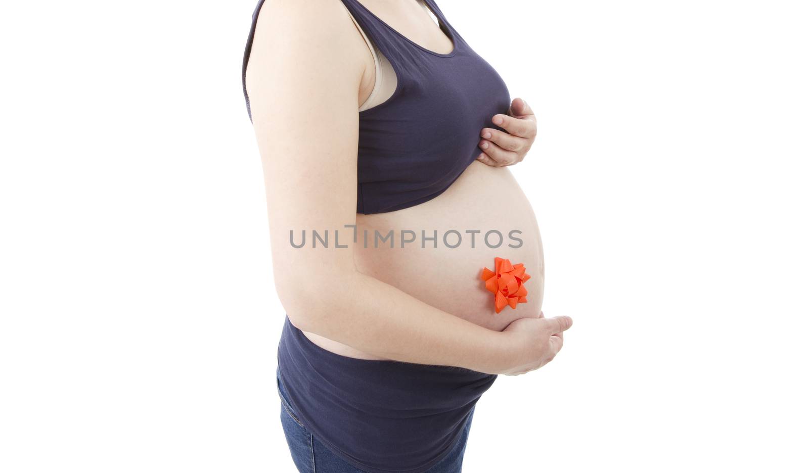 Closeup of pregnant woman at white background