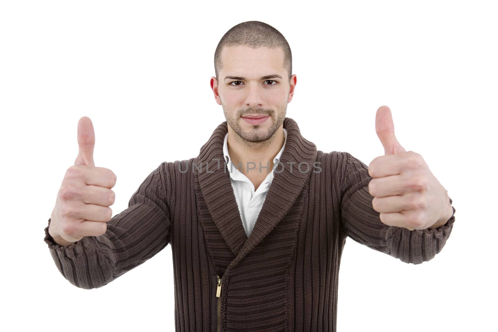 young casual man going thumb up, isolated on white