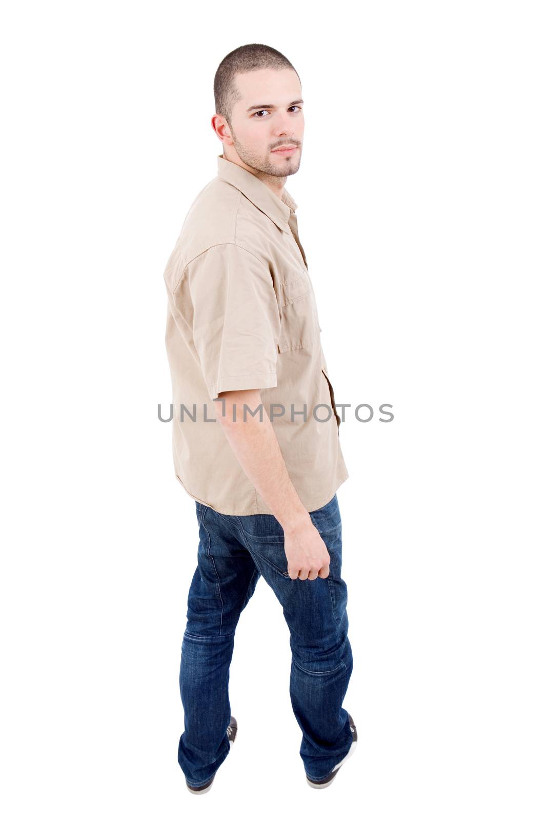 young casual man full body in a white background