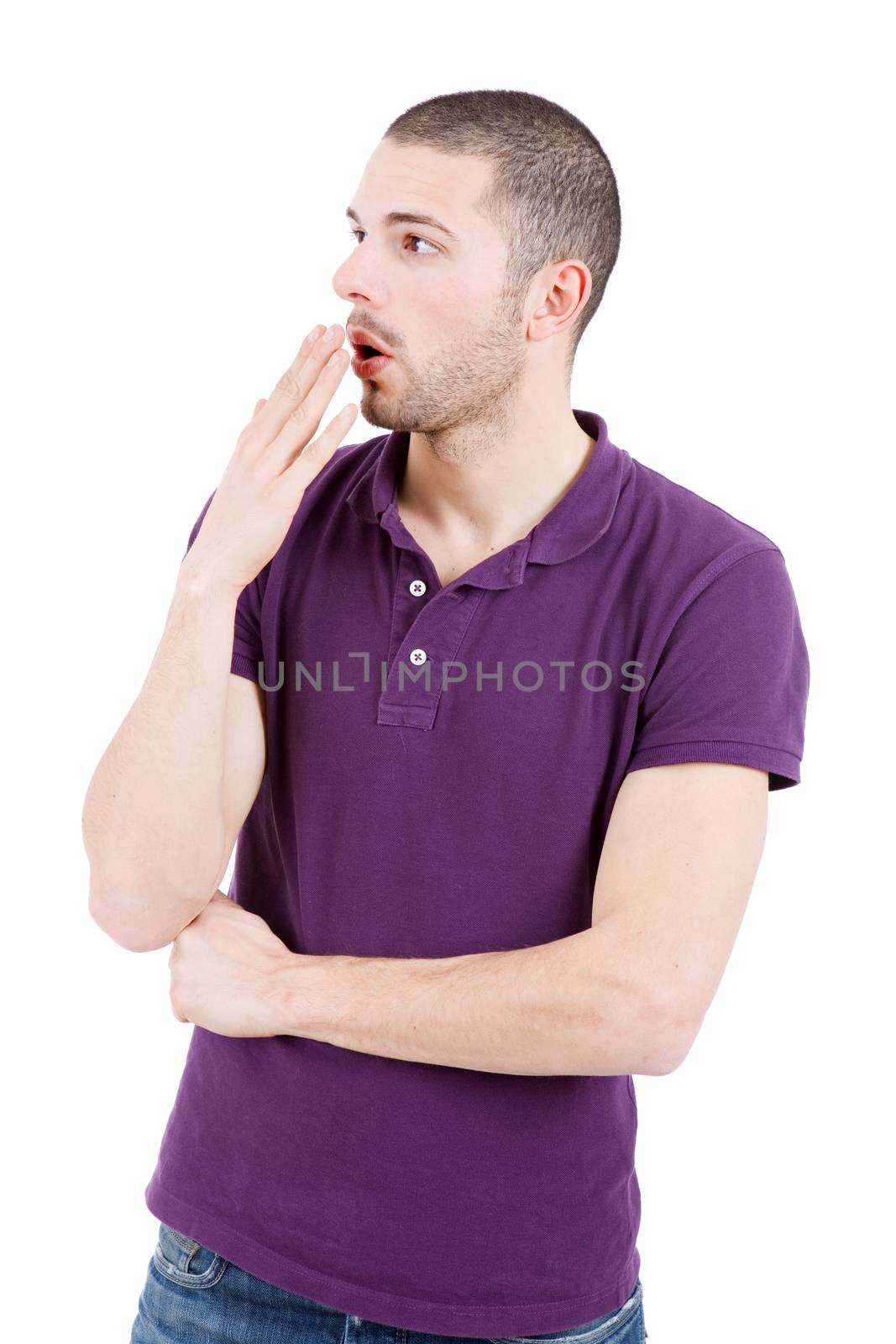 surprised young casual man portrait, isolated on white