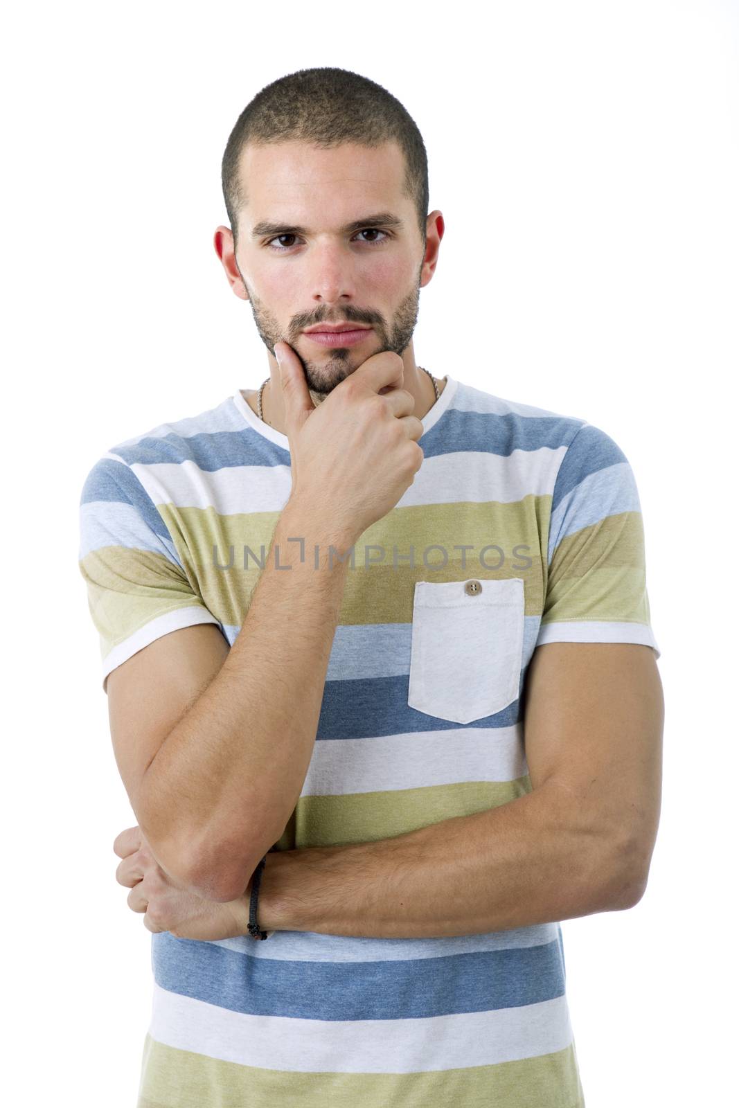 pensive young casual man portrait, isolated on white